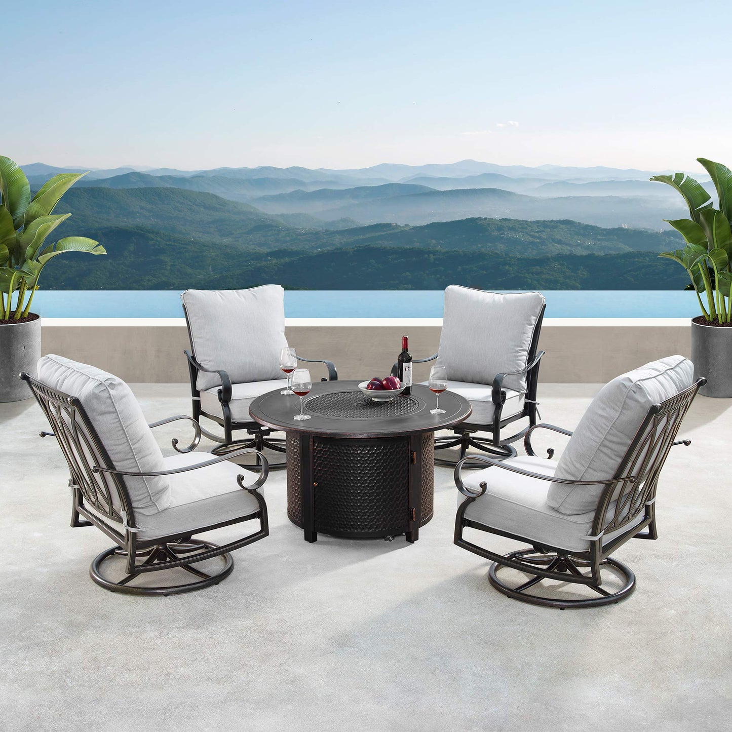 Oakland Living Aluminum 44 in. Round Fire Table Set Four Deep Seating Swivel Rockers, Fire Beads, Lid and Fabric Covers