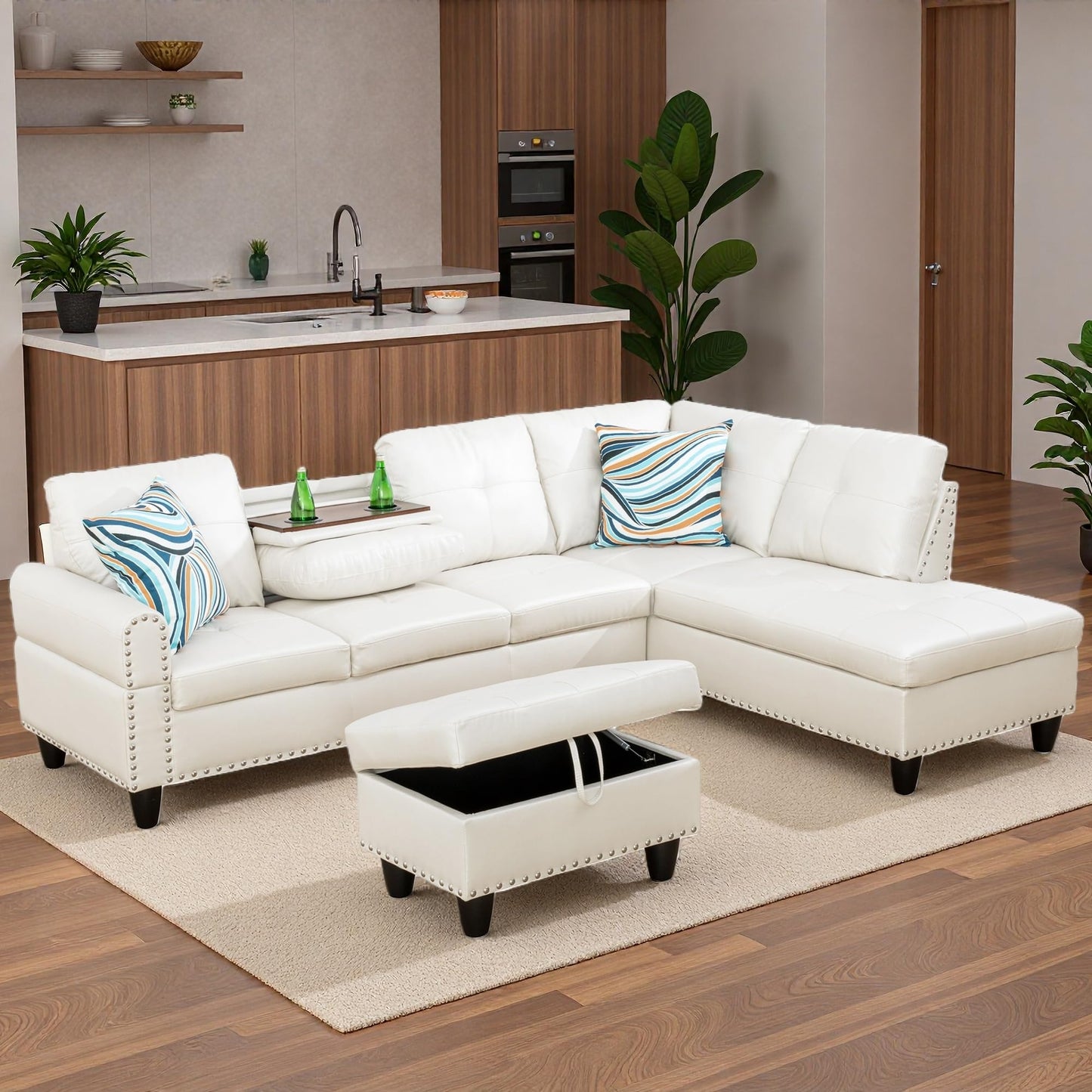 Topcomfy L Shaped Sectional Couches for Living Room with Movable Chaise & Storage Ottoman - 97.5" Leather V Shaped Couches for Apartment, Home Modular Sectional Sofas with Cup Holder, White