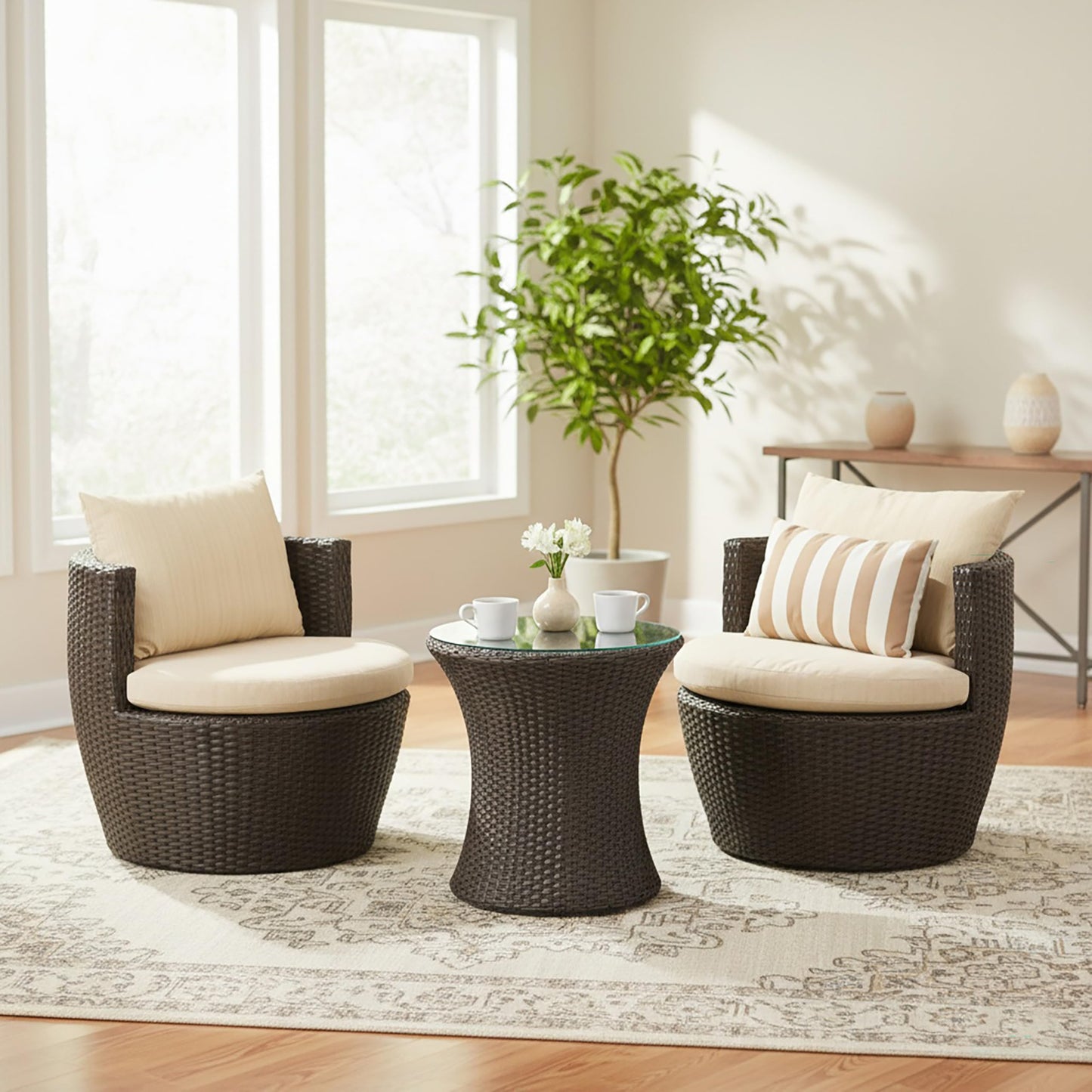 Merax Patio Furniture Set of 3, Outdoor PE Rattan Wicker Chairs with Cushion & Glass Coffee Table for Balcony Garden Front Porch, Patio Conversation Sets for 2, Sturdy Aluminum Frame, Brown+Beige