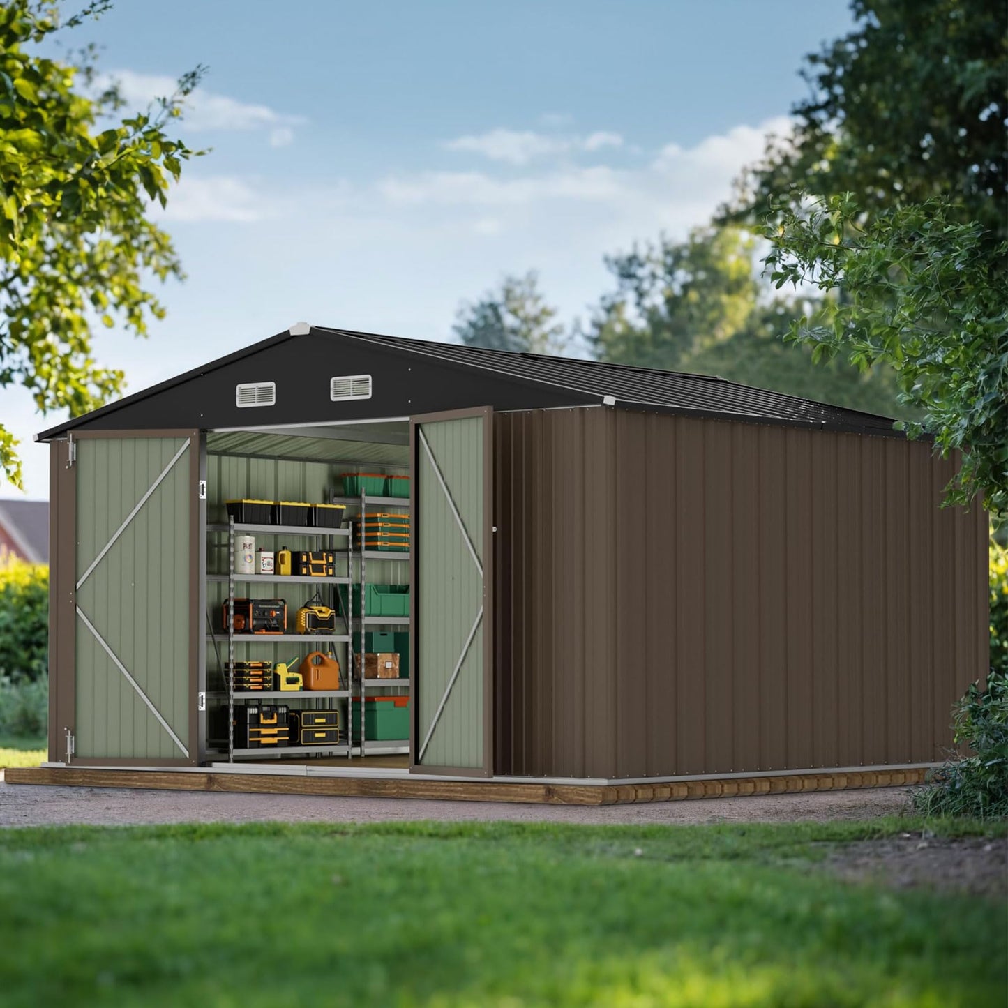 JUMMICO 10 x 10 FT Outdoor Storage Shed, Large Metal Garden Shed & Tool Sheds for Backyard Garden Patio Lawn (Brown)