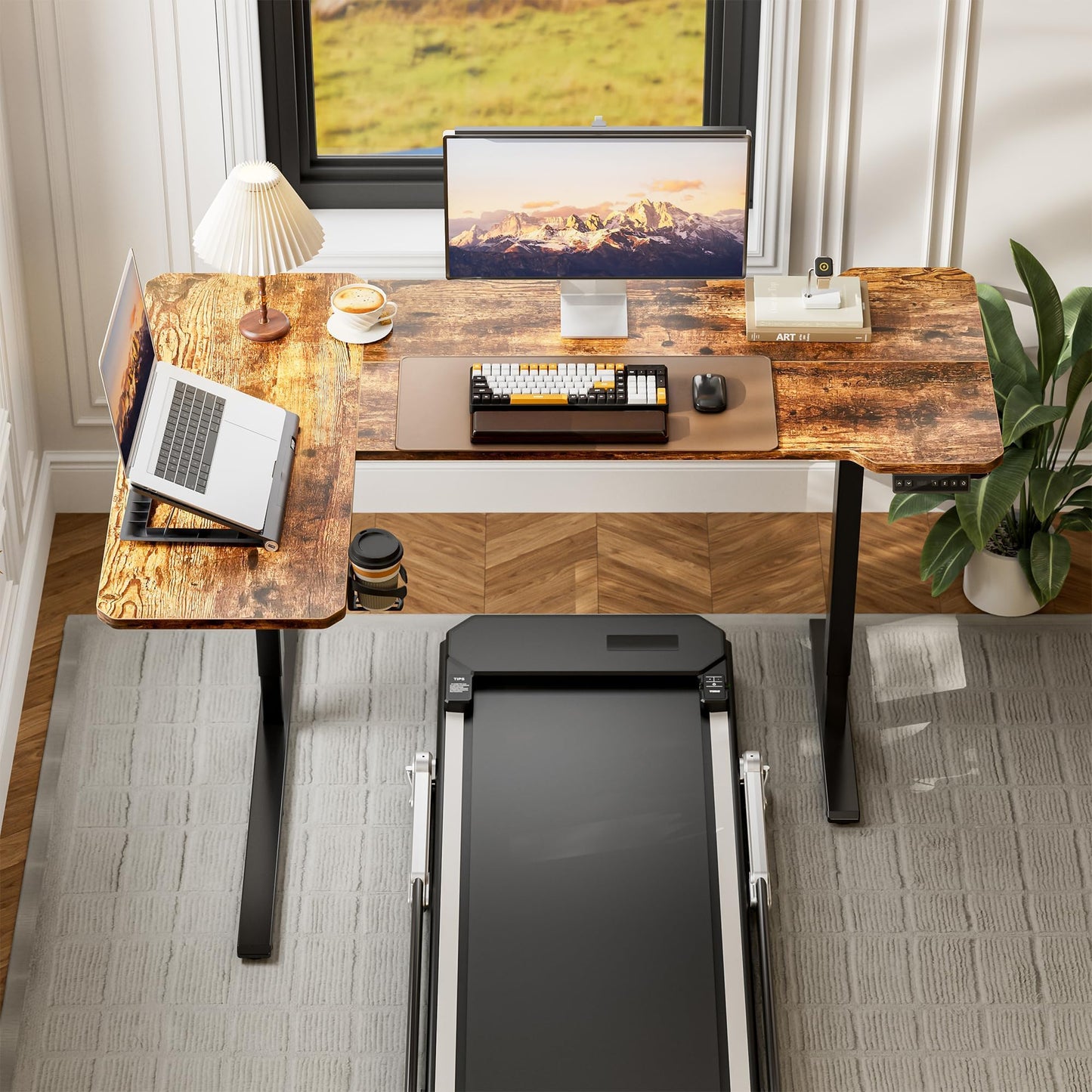 Acrolix L Shaped Electric Standing Desk - 59x40 Inch Reversible Corner Sit Stand Desk with Hook&Cup Holder,Electric Height Adjustable Table,for Home Office Gaming Computer Desk, Rustic Brown