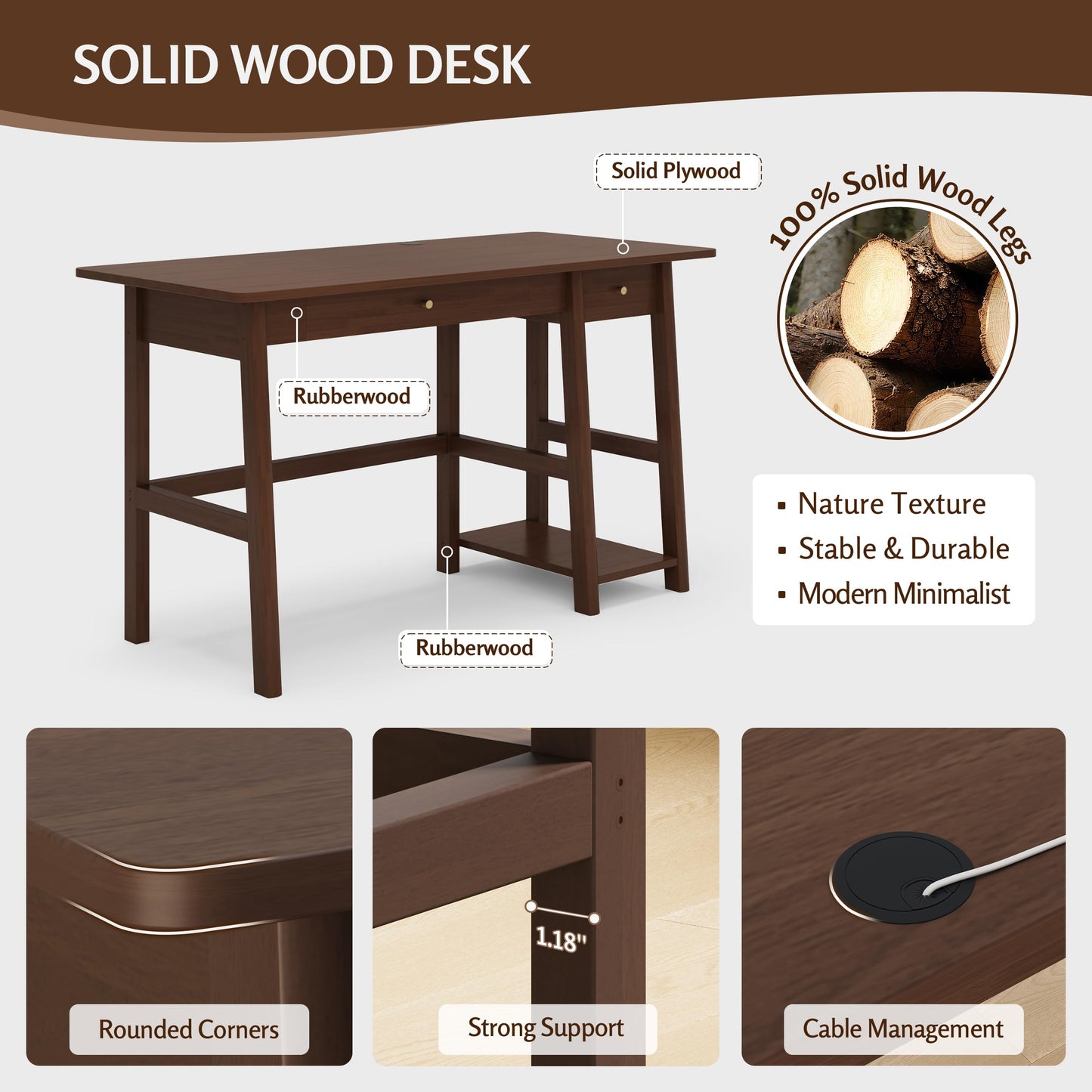 NELYE Solid Wood Desk with Drawer - 52 Inch Modern Writing and Computing Workstation for Home Office in Walnut