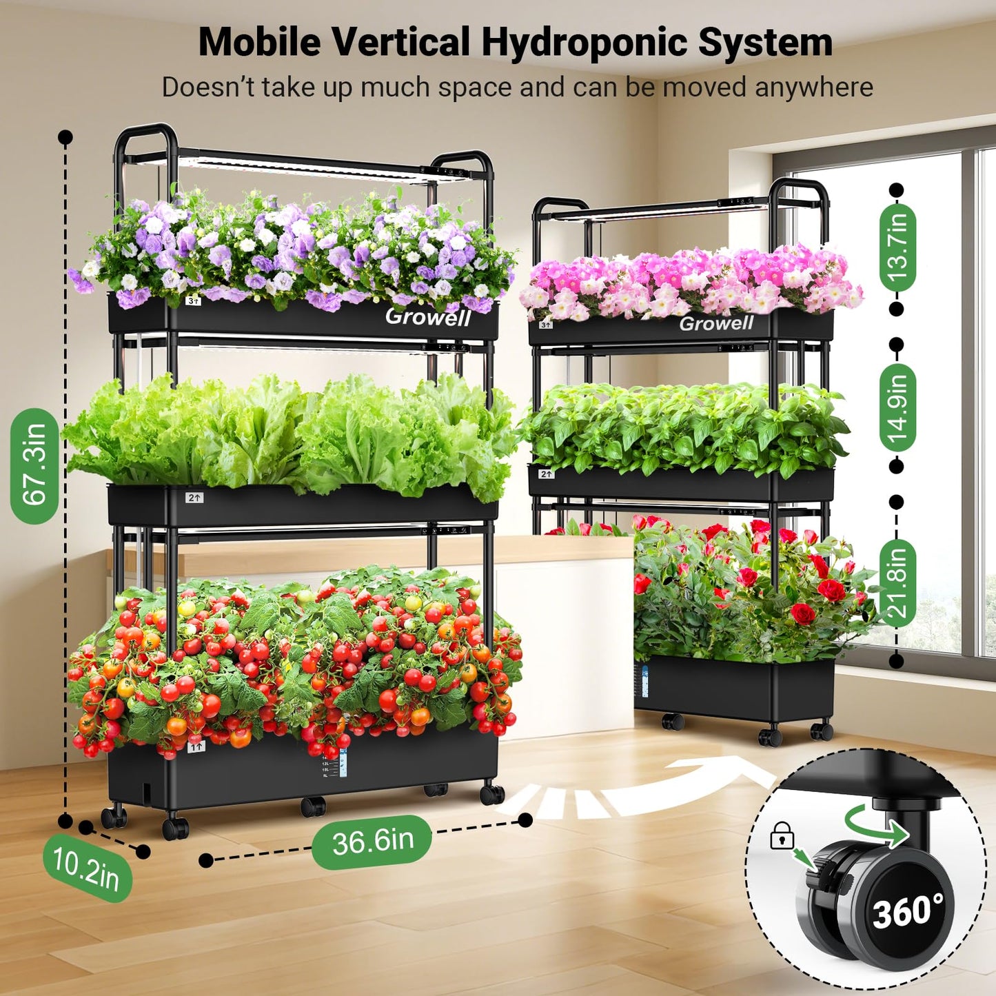 Growell Large Hydroponics Growing System Kit, 90 Pods Vertical Hydroponic Garden with 2 Light Modes Grow Light, Auto Circulating Water System, 40L Indoor Gardening System for Herb Vegetable Fruit