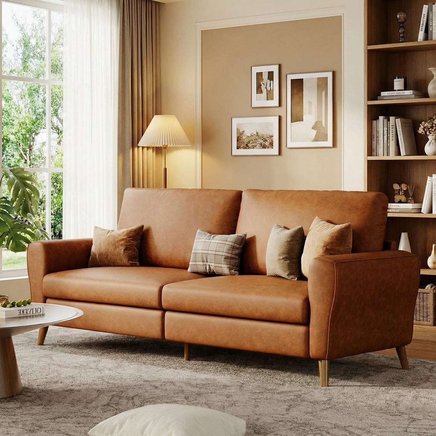 IDEALHOUSE 84 Inch Modern Sofa Couch, Large 3-Seater Sofa with Streamlined Armrests, PU Leather Loveseat Wood Feet, Comfy Couch for Living Room, Apartment, Lounge, Brown