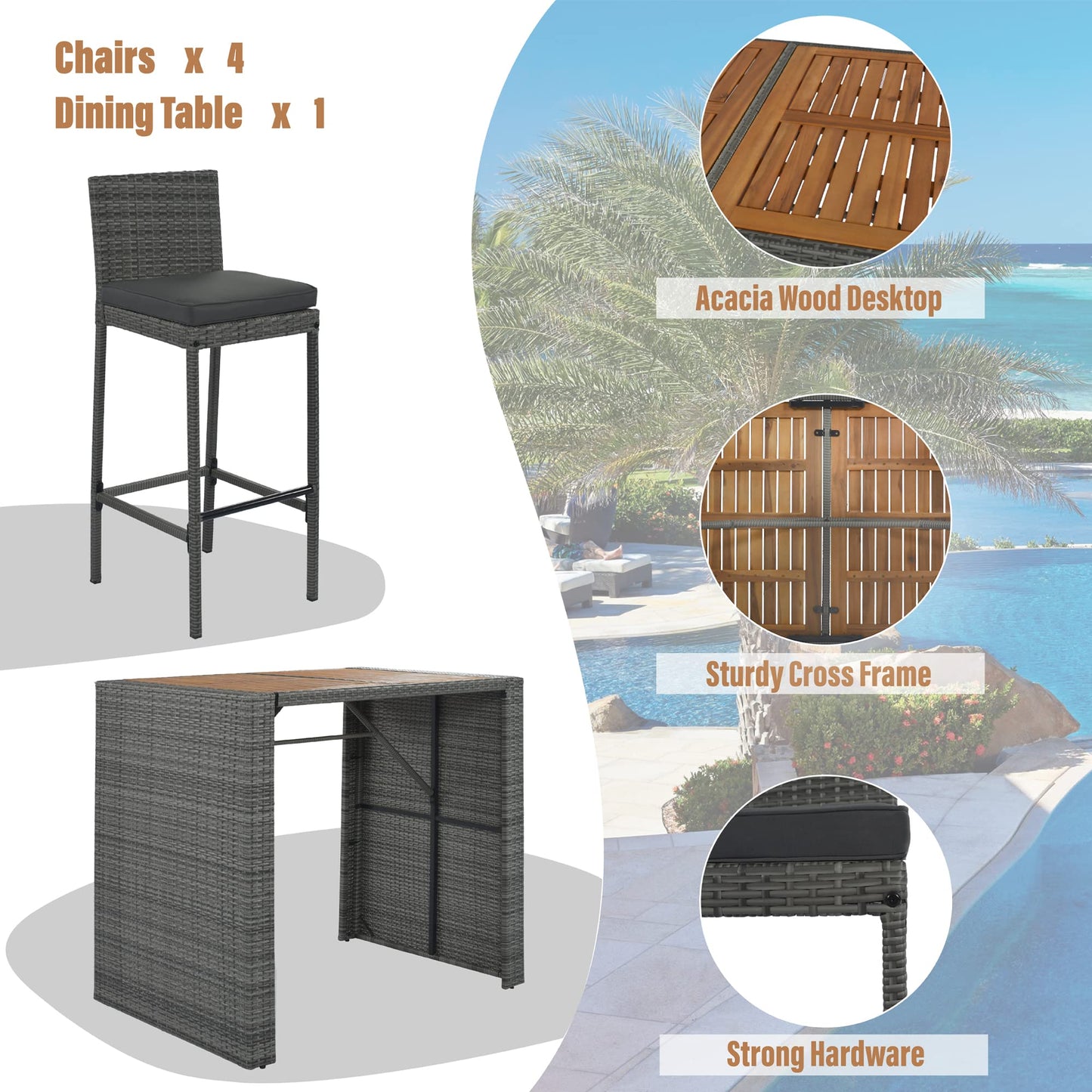 Merax 5 Pieces Outdoor Patio Wicker Bar Set, 4 Bar Height Chairs with Nonslip Feet and Gray Removable Cushion, Dining Table with Brown Acacia Wood Top and Gray Wicker