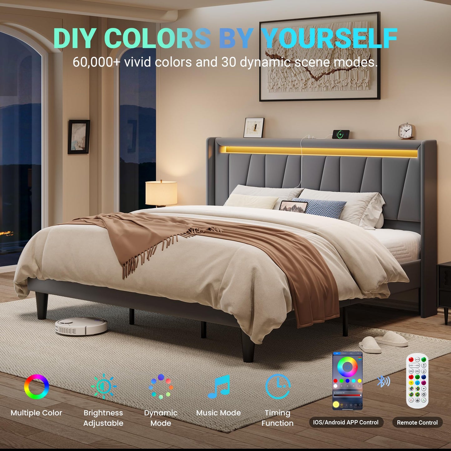 Allewie King Size LED Bed Frame with Charging Station, Velvet Upholstered Platform Bed with Geometric Wingback Headboard, Modern Frame with No Box Spring Needed, Easy Assembly, Grey
