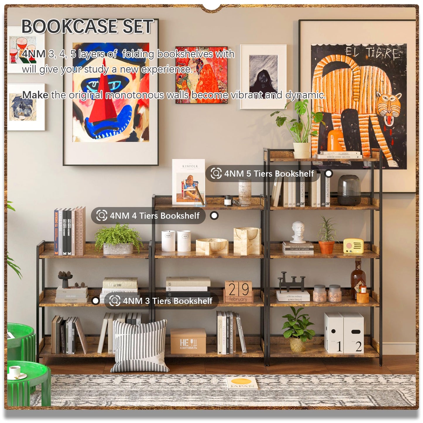 4NM Extra Wdie No Assembly Folding Bookshelf, 64.3" H x 30.9" W, 5 Tier Collapsible Book Shelf Bookcase Foldable Shelves for Bedroom Living Room Home Office - Rustic Brown & Black