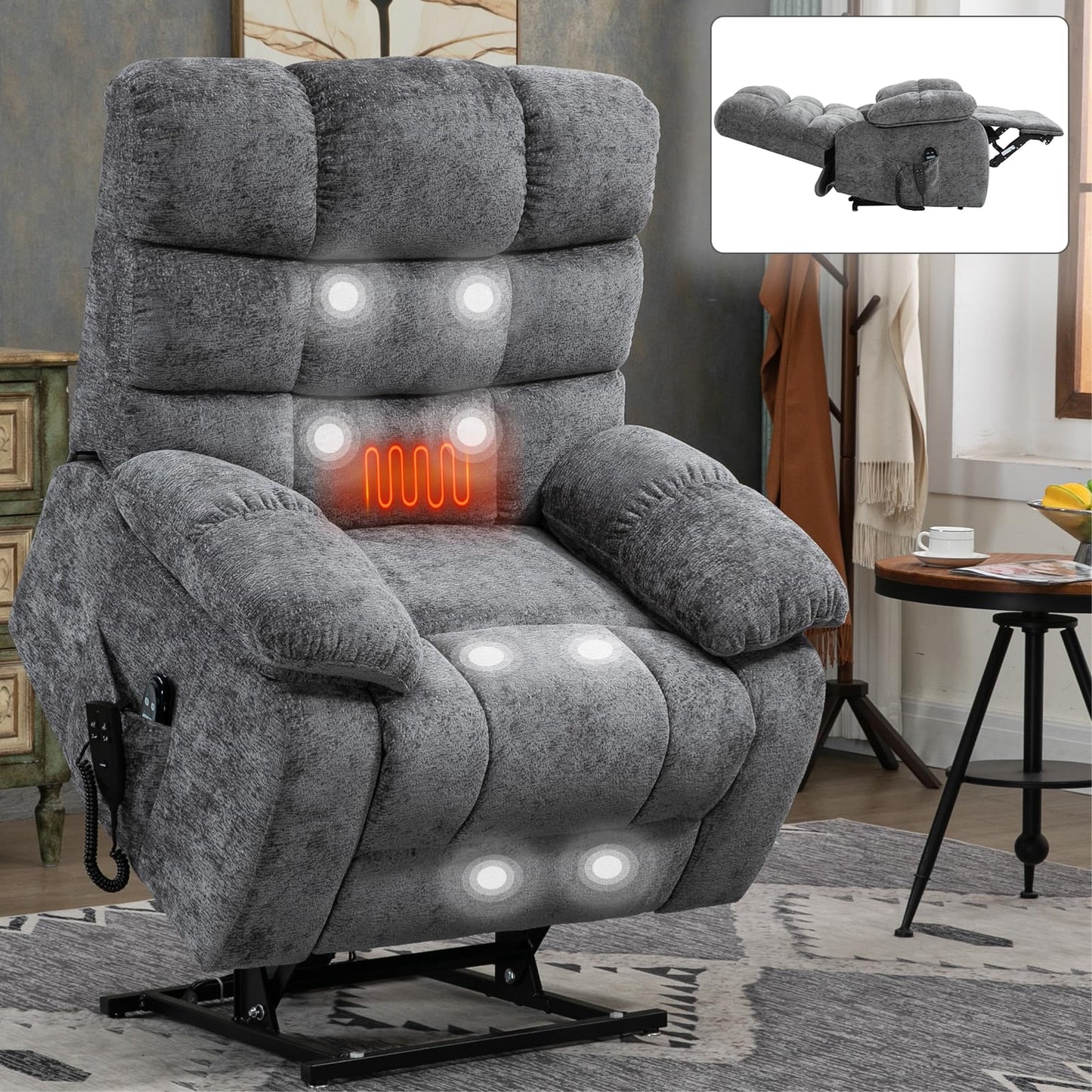 KEIKI Oversized Dual Motor Power Lift Recliner Chair for Elderly, Polyester Upholstery Breathable Rocking Chair with Back Massager and Heated, Home Lounging and Entertainment Center, Grey