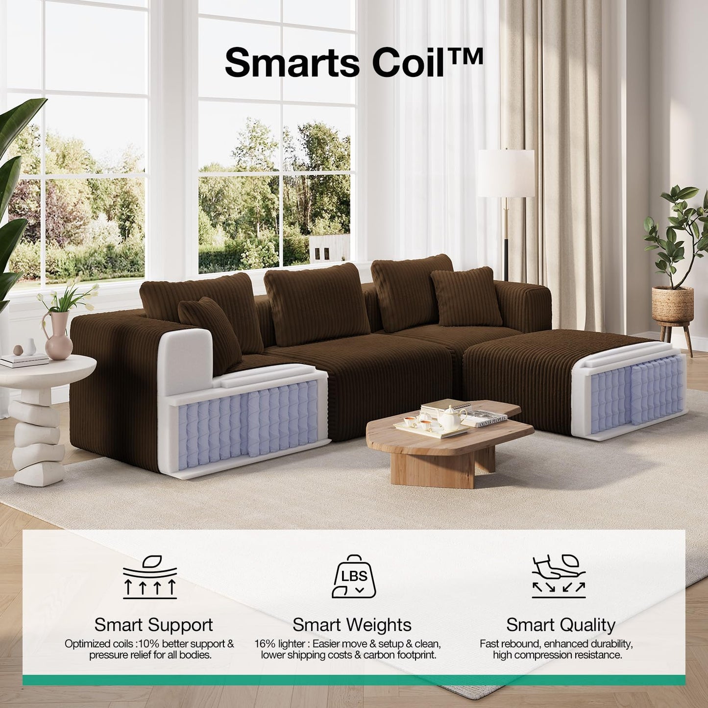 Novilla 141" Modular Sectional Sofa, Modern Cloud Sectional Couch with Smarts Coil® Support, L-Shape Boneless Couch for Living Room Apartments Bedroom, No Assembly Required, Brown (6 Seat)
