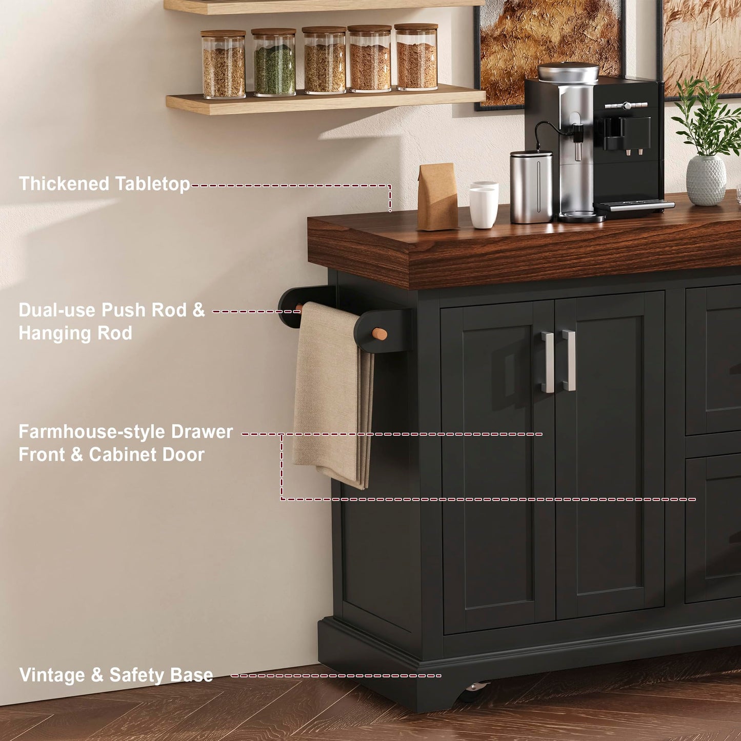 Trygoal 53.2" Rolling Kitchen Island with Storage, 3.5" Thick Countertop, Spice Rack, Towel Rack, Drawer & Cabinet - Mobile Kitchen Cart on Wheels for Kitchen, Dining Room, Black