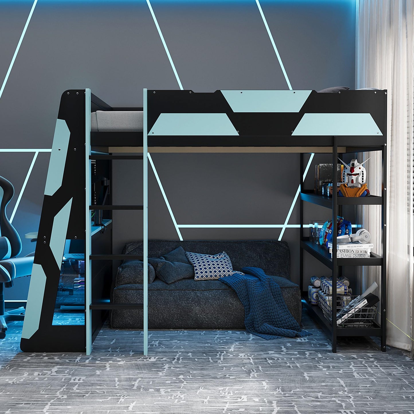Merax Full Size Gaming Loft Bed with Side-Mounted Desk & 3-Tier Storage Shelves. Space-Saving Bedroom Set with Built-in Power Outlets & USB Ports for Teens & Gamers, Black+Blue