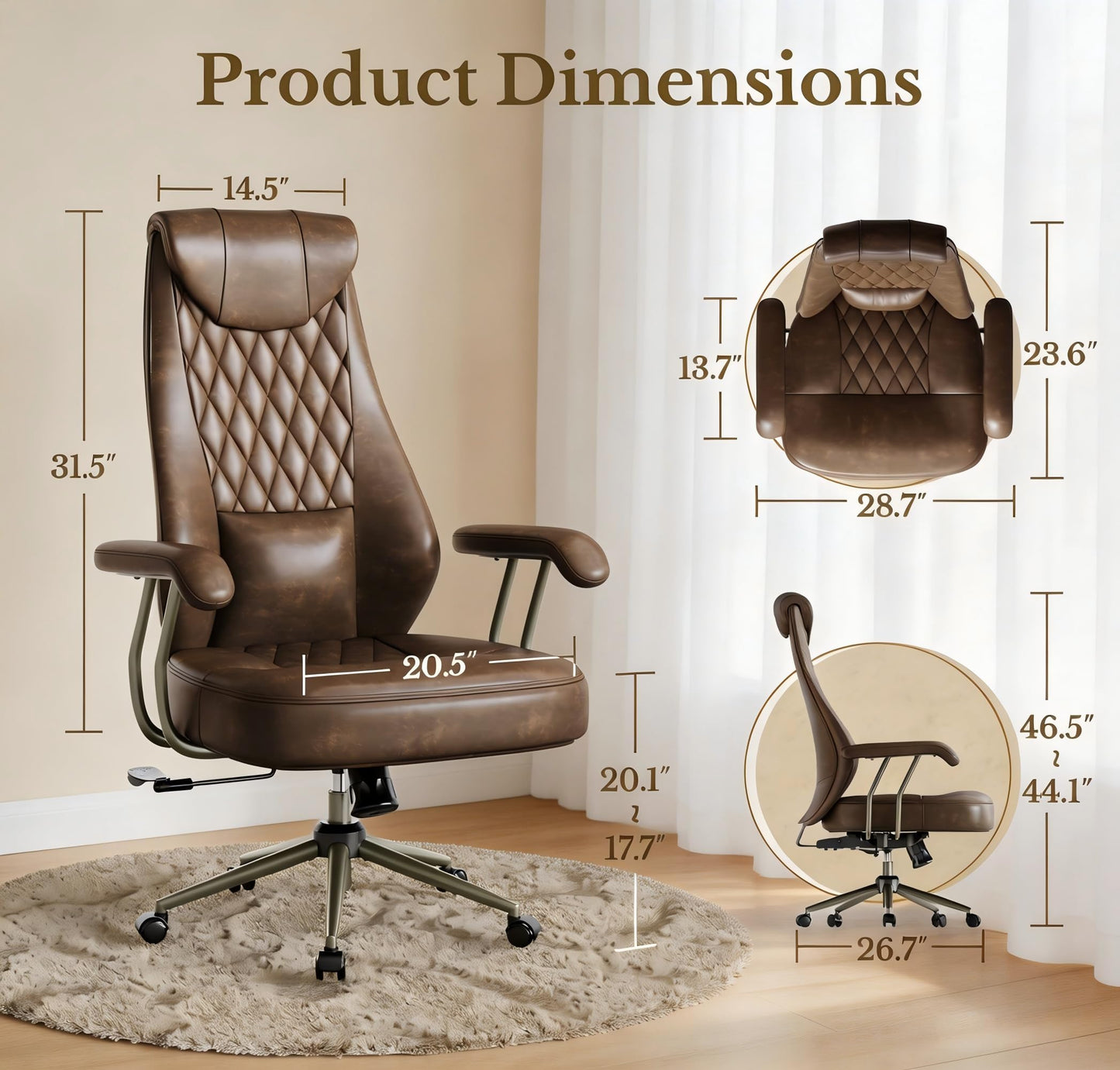 Executive Office Chair, High Back Ergonomic PU Leather Desk Chair with Integrated Headrest & Lumbar Support, Adjustable Reclining Swivel Computer Chair for Home Office, Brown