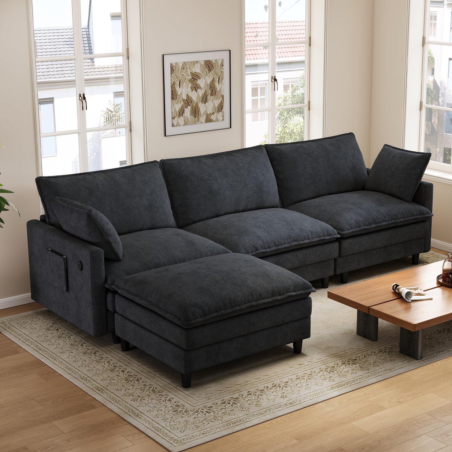 FAVSH 102'' L-Shaped Modular Sectional Sofa, 3-Seater Cloud Couch with Movable Ottoman, Deep Seat Chenille Upholstery, USB & Type-C Charging, Foldable Side Table for Living Room Apartment, Dark Gray