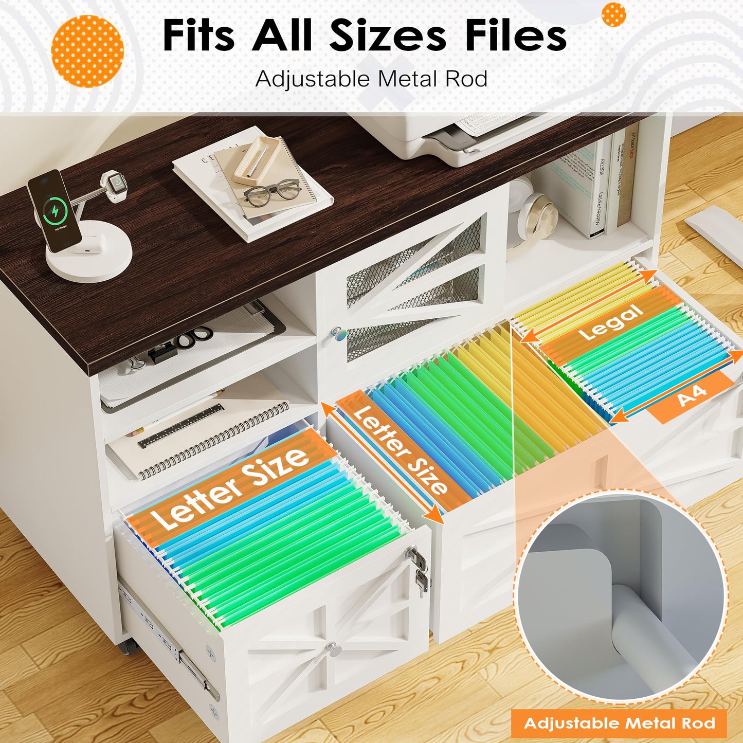 kepptory 2 Drawer File Cabinet with Lock, Rolling File Cabinet for Home Office Fits Files Letter/Legal/F4/A4, Filing Cabinet 2 Drawer with Adjustable Shelf & 2 Lockable Wheels (White + Brown)