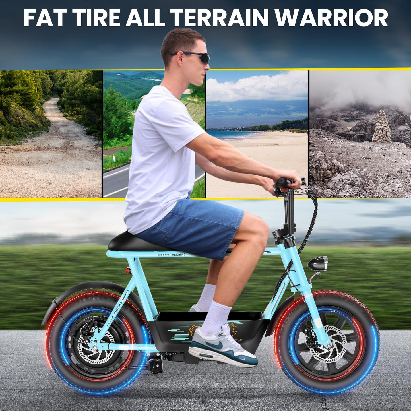 Caroma Peak 560W Electric Scooters with Seat for Adults, 16" Fat Tire for All-Terrain, 15Miles Max Range, 20mph Top Speed, Commuter Escooter for Adults&Teens, Motorcycle Style with Carry Basket,Blue