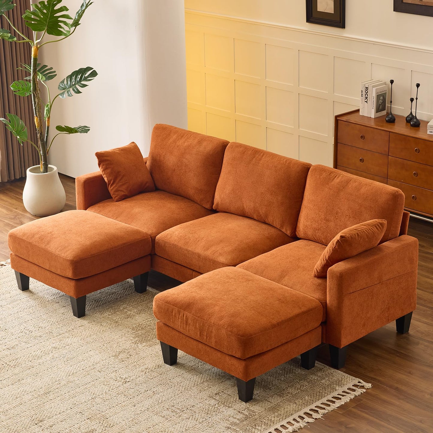 VINGLI 100" W U Shaped Couch with Ottoman, 22" Deep Seat Comfortable Sectional Couches for Living Room, 3 Seater Chenille Fabric Cloud Sofa for Apartment, Small Spaces, Bedroom, Orange