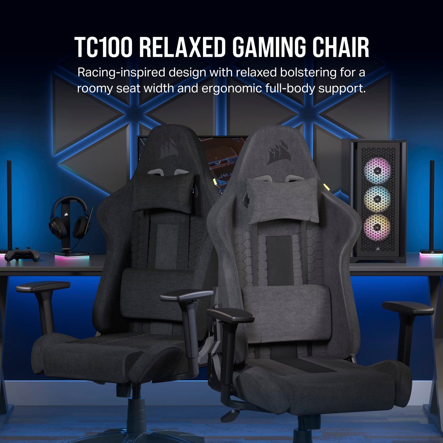 Corsair TC100 Relaxed Gaming Chair - Fabric - Racing-Inspired Design - Lumbar Pillow - Detachable Memory Foam Neck Pillow - Adjustable Seat Height - Adjustable Armrests - Gray and Black