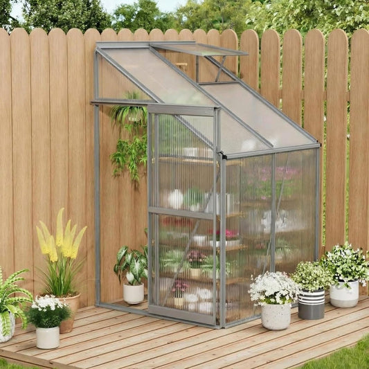 4x4 ft Lean-to Walk-in Polycarbonate Greenhouse,Greenhouse Kit,Lean-to Greenhouse for Outdoors,Portable Wall-Mounted Outdoor Green House with Sliding Door,Adjustable Roof Vent & Rain Gutter