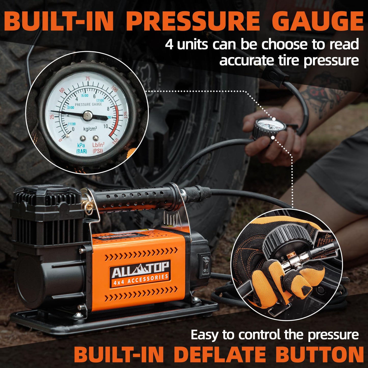 ALL-TOP Air Compressor Kit, 12V Portable Inflator 7.06CFM, Offroad Air Compressor for Truck ,Air Pump for Car Heavy Duty, Max 150PSI for SUV 4x4 Vehicle RV Tire