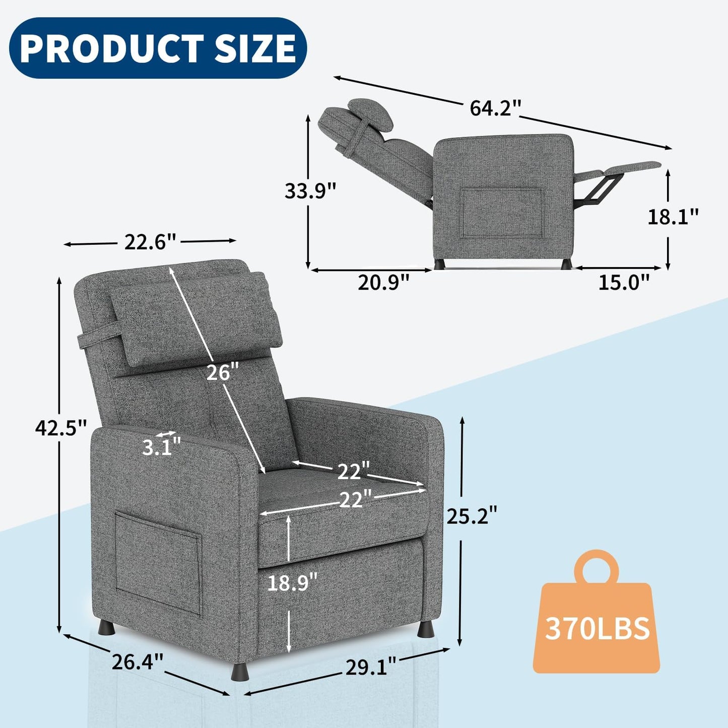GarveeHome Electric Recliner Chair Adjustable Power Recliner for Living Room Bedroom with Lumbar Support & Side Pockets & USB Port