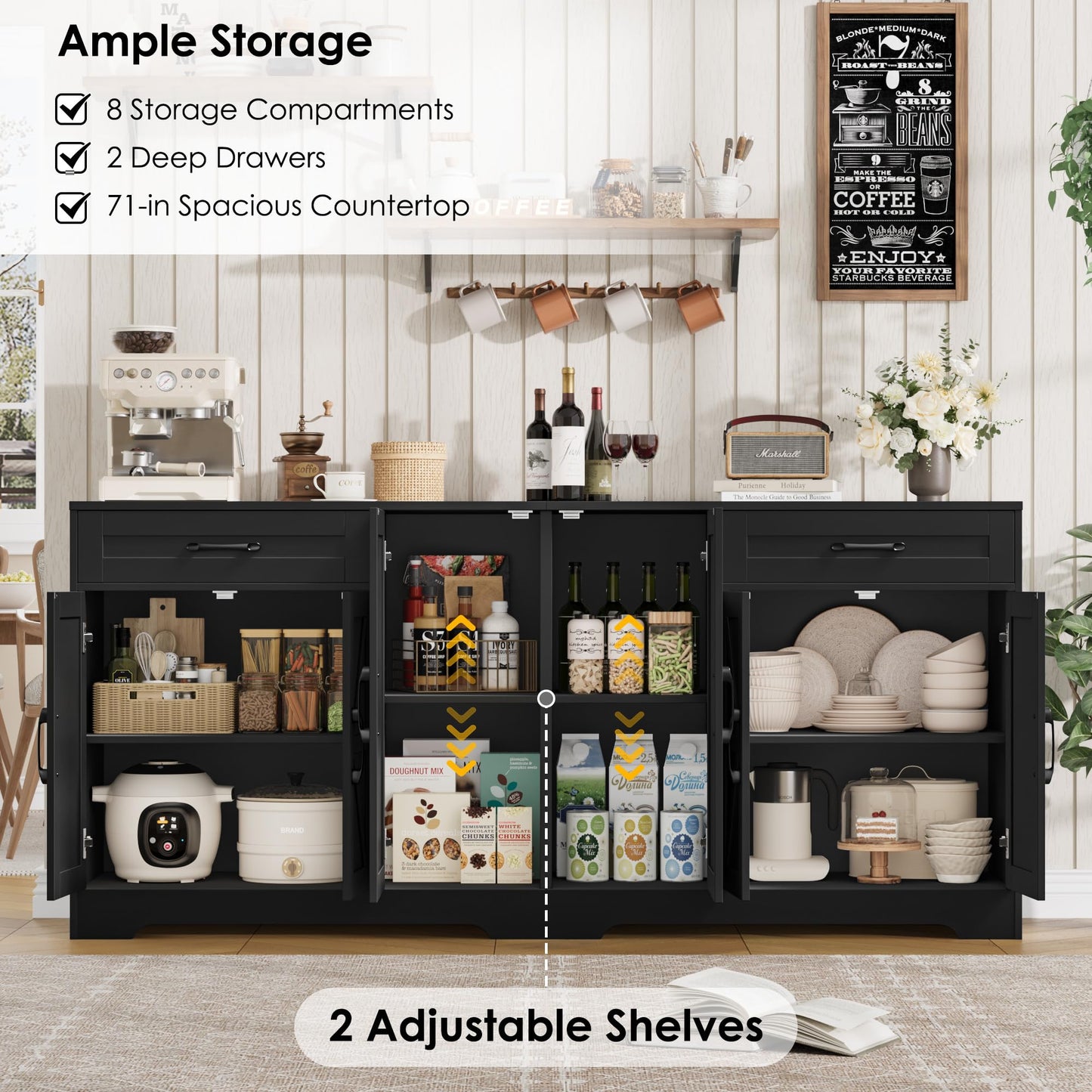 BOTLOG 71” Large Sideboard Buffet Cabinet with Storage, Farmhouse Kitchen Buffet Cabinet with Adjustable Shelves and 6 Barn Doors, Wood Coffee Wine Bar Console Table for Kitchen, Dining Room, Black