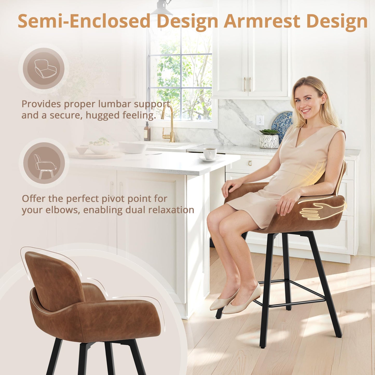 LUE BONA 26" Swivel Bar Stools Set of 4, Counter Height Bar Stools with Backrest and Arms, Modern Upholstered Barstools with Metal Legs for Kitchen Island, Brown