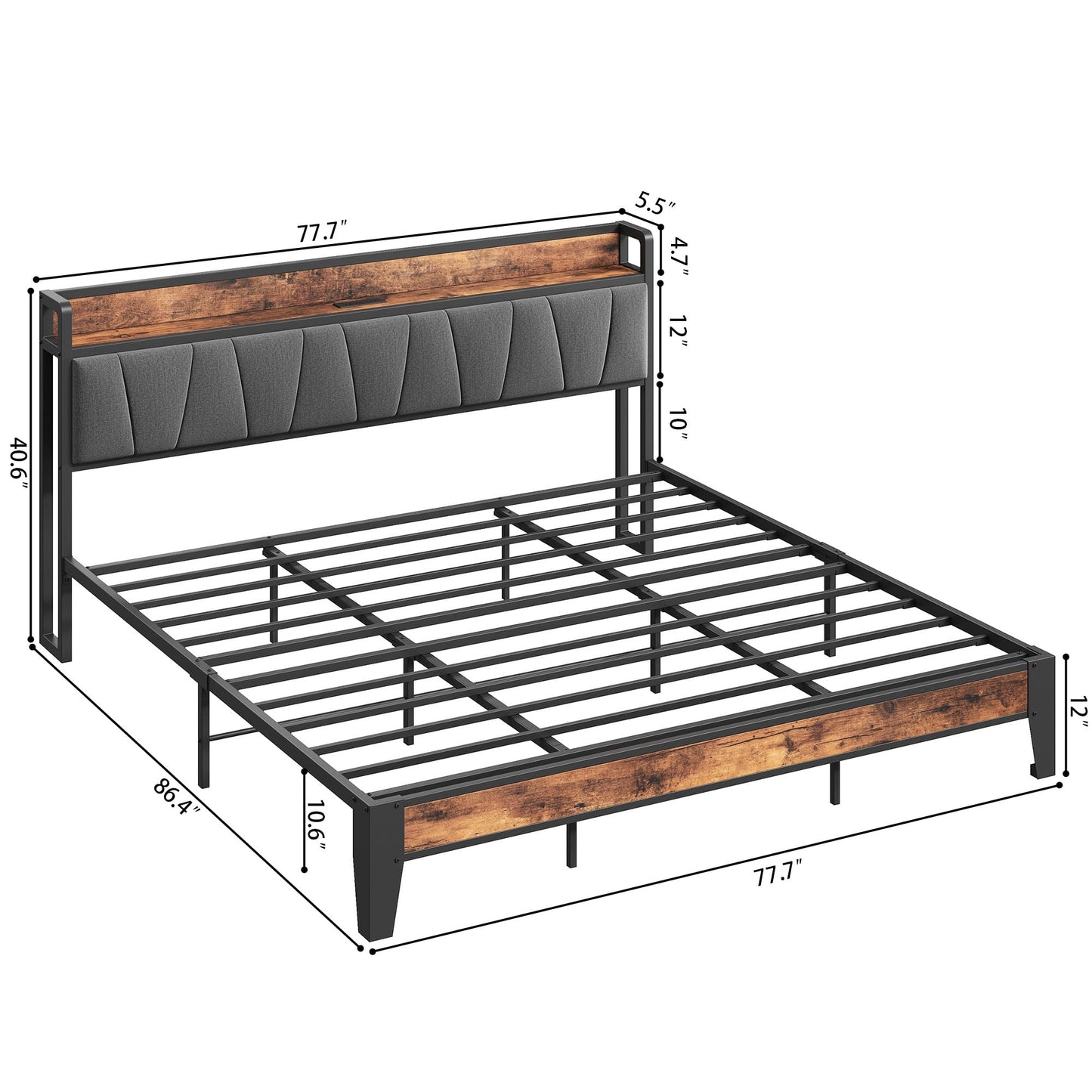 LIKIMIO King Size Bed Frame, Storage Headboard with Charging Station, Solid and Stable, Noise Free, No Box Spring Needed, Easy Assembly
