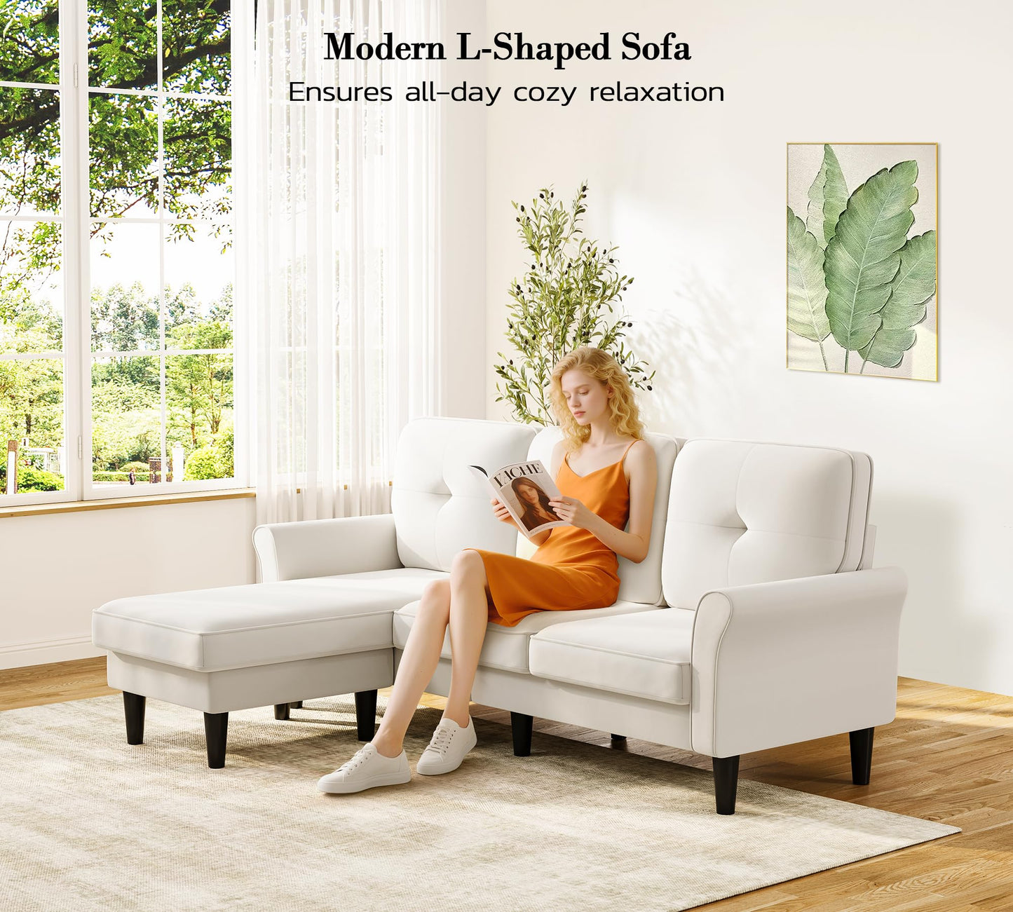 Small Sectional Couch, 83" L Shaped Couch, Comfy Velvet Couches for Living Room, Tool-Free Setup Modular Sectional Sofa, 850lbs Load Sofas for Living Room with 1 Movable Ottoman, White Couch