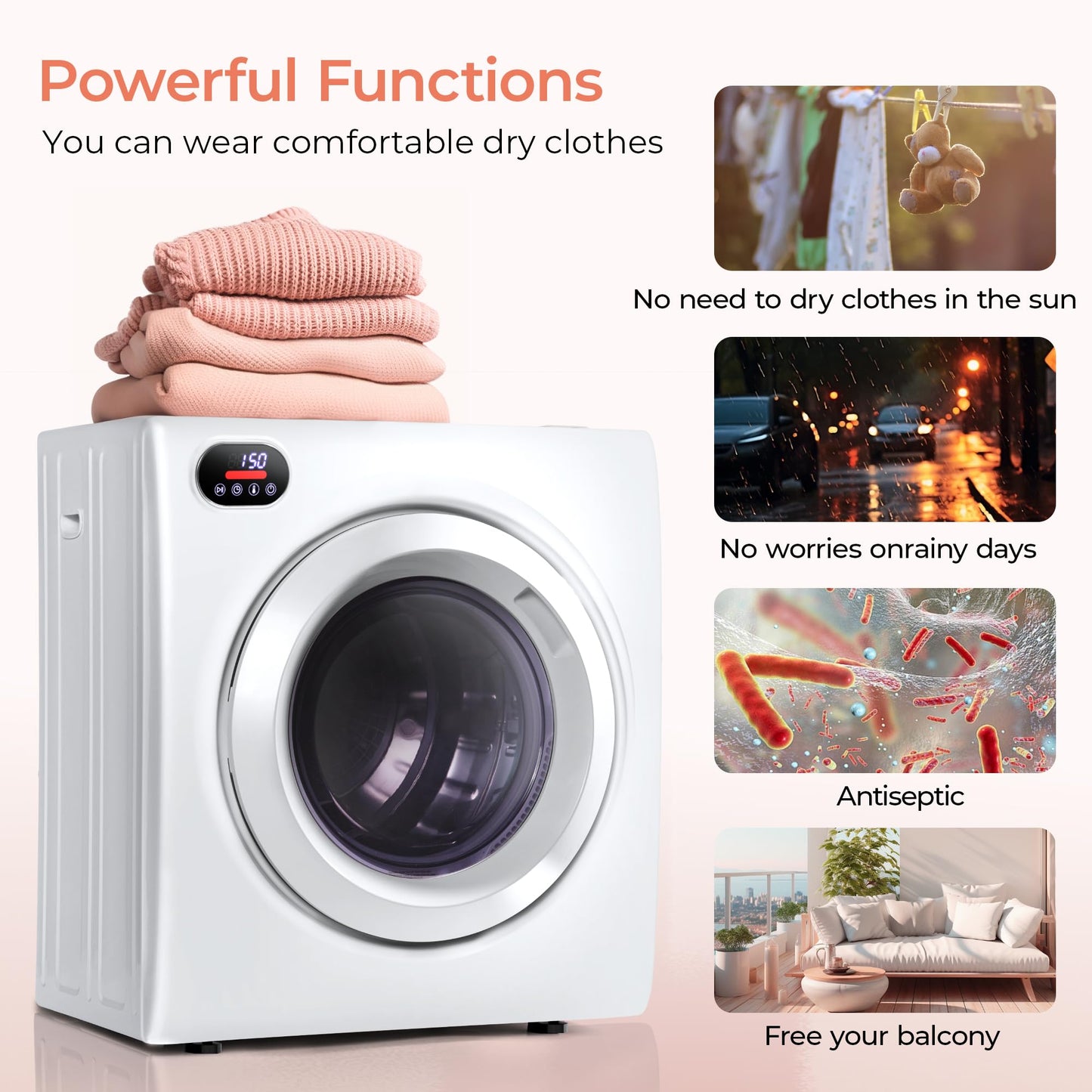 Euhomy 2.65 Cu.Ft Portable Dryer with Exhaust Hose, Clothes Dryer with Four Functions, 1400w Dryer Machine with Stainless Steel Drum, Suitable for Apartments, RVs, Gym