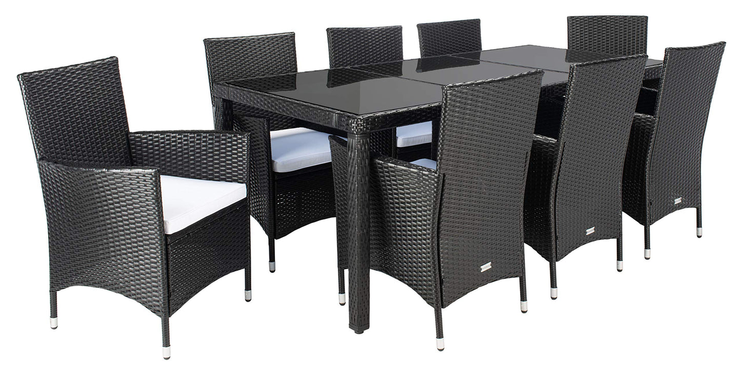 SAFAVIEH Outdoor - Hailee 9-Piece Dining Set - Black & White Faux Wicker & Steel Frame - Eight Chairs and Glass-Top Table - Ideal for Patio, Deck, Porch, Backyard (PAT7704A)