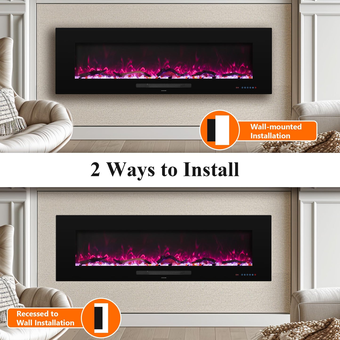 Dreamflame 50" Electric Fireplace, Recessed & Wall Mounted Fireplace Heater 13 * 13 Colors Flame &Fuel Bed w/5 Dimmer, Touchscreen &Remote Control Temp, Overheating Protect, Hardwired, 1500W, Black
