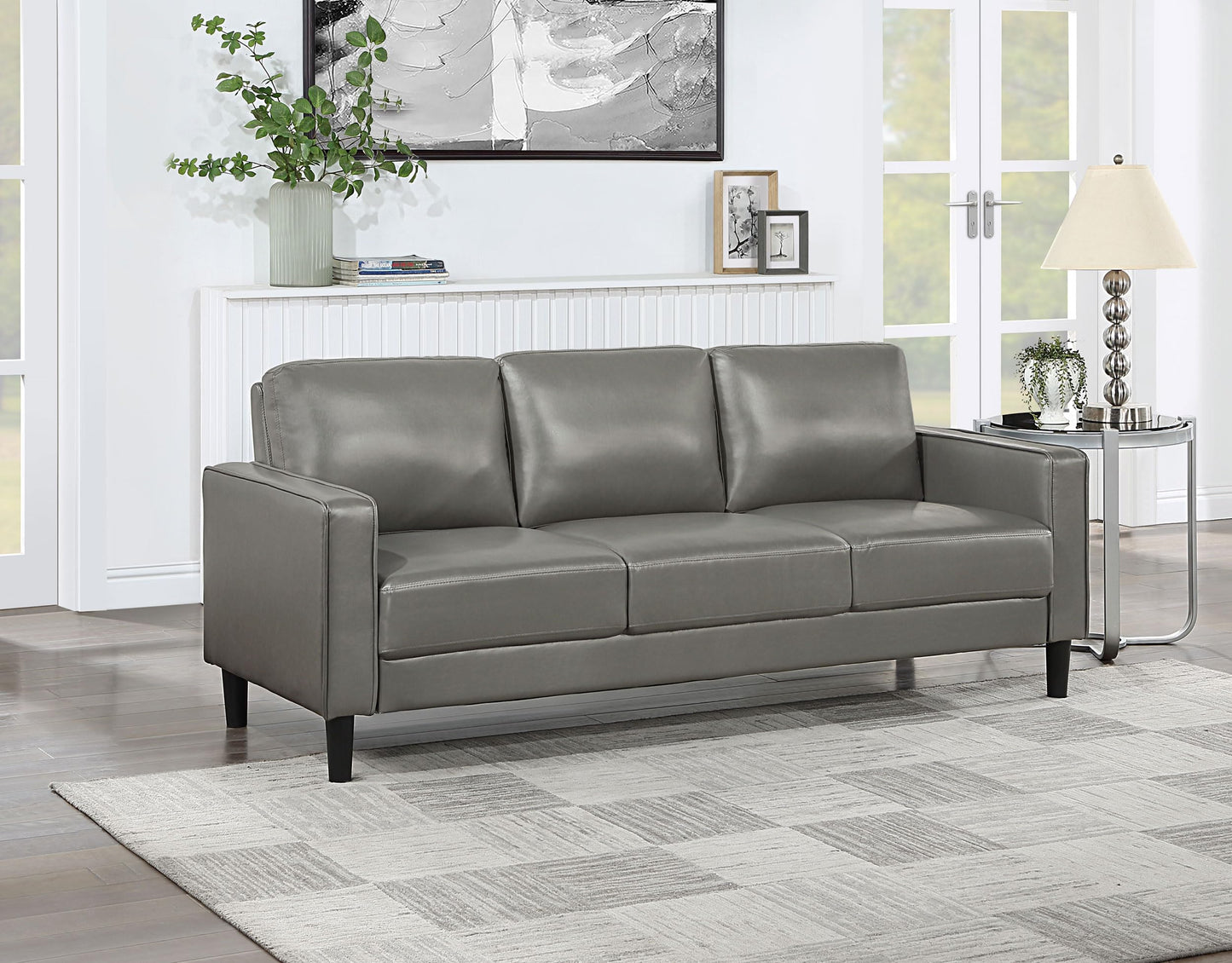 Coaster Home Furnishings - Ruth - Faux Leather Upholstered Track Arm Stationary Sofa with Foam Seat and Webbed Backrest - Transitional - Living Room - Gray - 508365