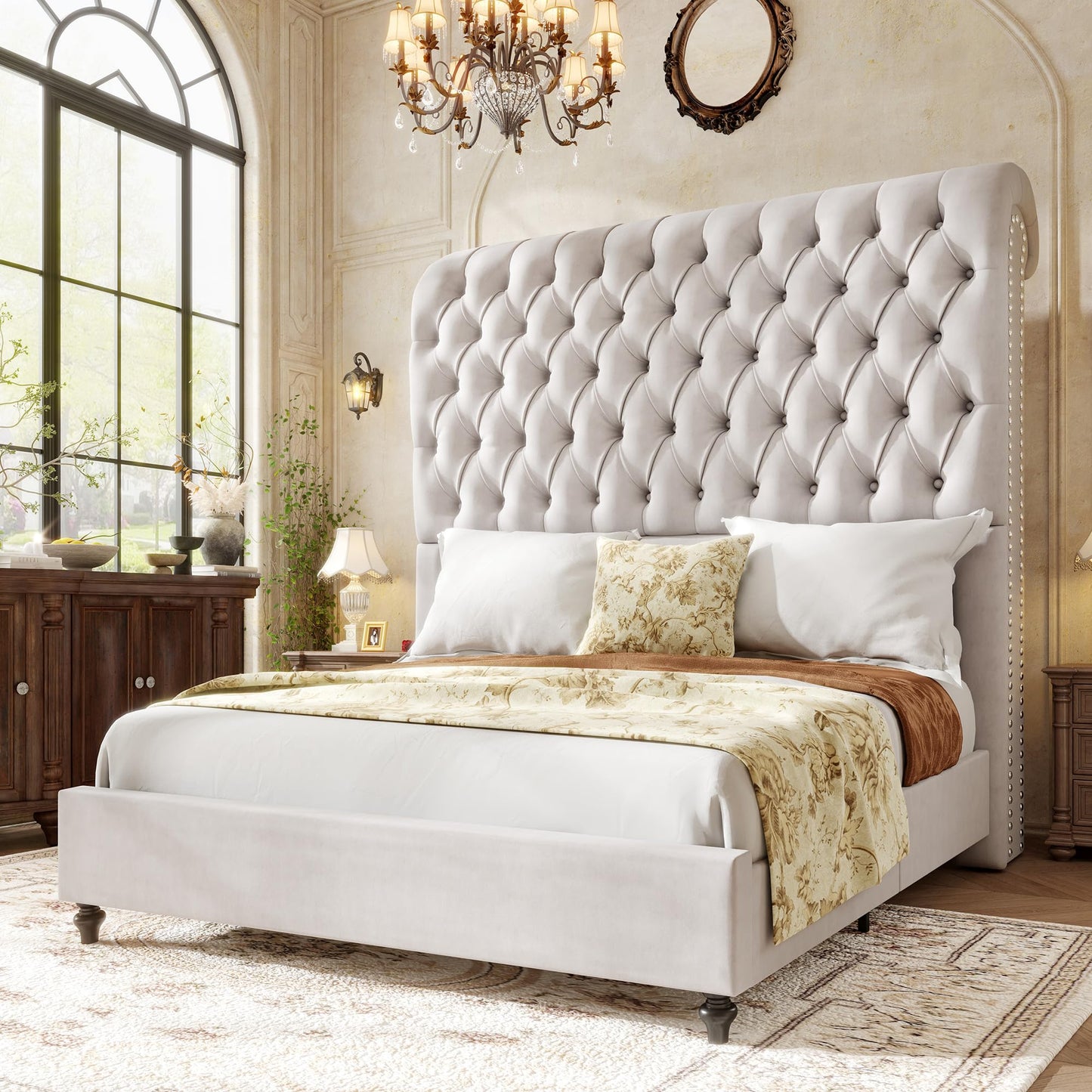Jocisland Queen Size Bed Frame with 59" Tall Upholstered Headboard, Luxury Velvet Bed with Handcrafted Deep-Tufted Design and Solid Wood Legs, Noise-Free Platform, No Box Spring Needed, Cream