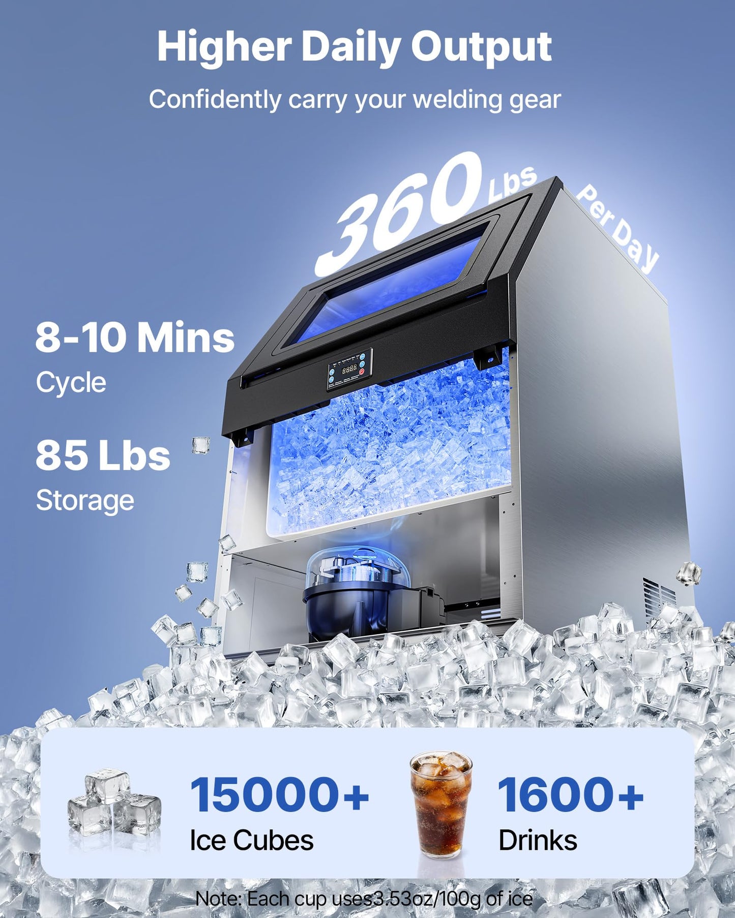 VEVOR Commercial Ice Maker Machine, 360 lbs/24h with 85 lbs Storage Capacity, Built-in/Freestanding/Under Counter, Stainless Steel Ice Maker with LED Display & Self-Cleaning, for Home Bar Restaurant