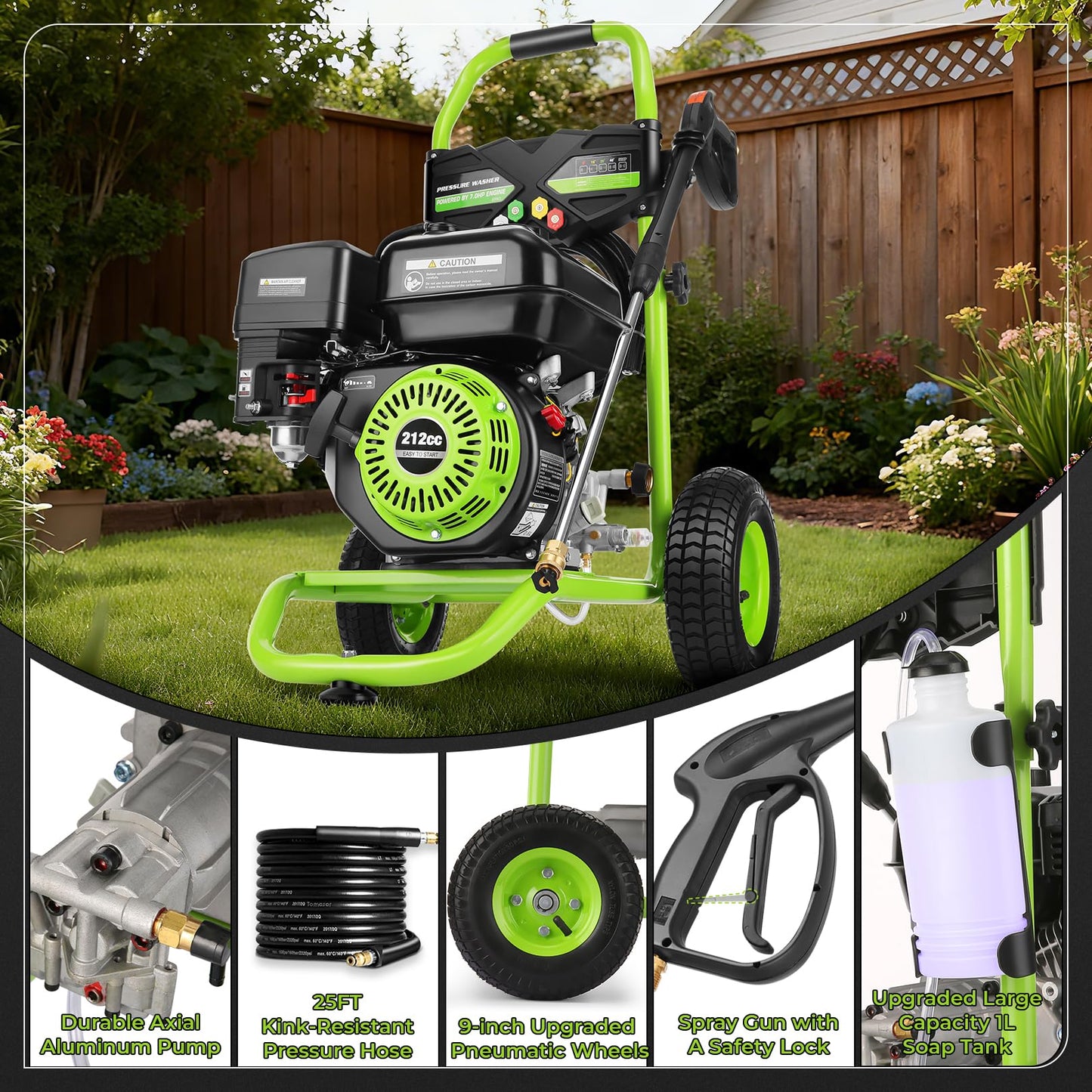 4200PSI Pressure Washer 4.0GPM Gas Power Washer 212CC Gas Powered Washing Machine Commercial High Pressure Washer with 25ft Hose&5 Nozzles for Patio Garden Yard Vehicle,EPA/CARB/ETL (Green)