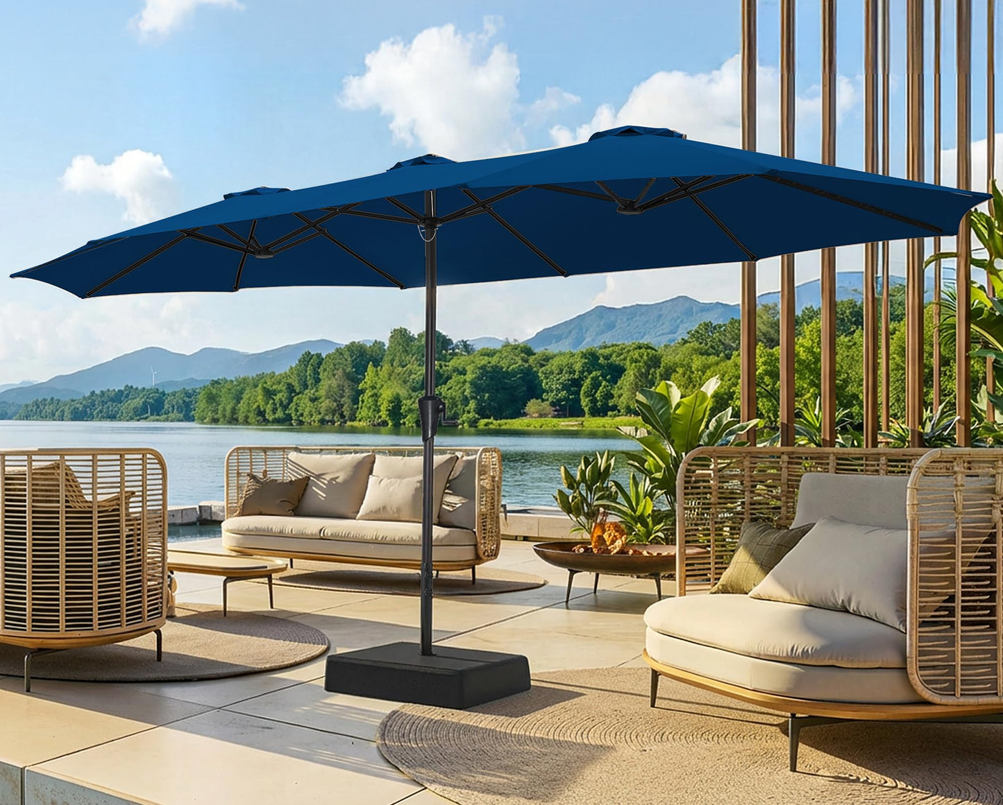 SUPERJARE 15FT Outdoor Patio Umbrella with Base Included, Double Sided Pool Umbrellas with Fade Resistant Canopy, Extra-Large Table Umbrella for Deck, Market, Backyard, Navy Blue