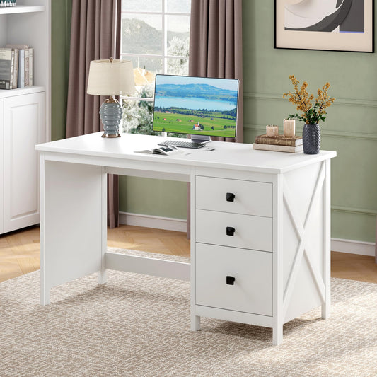 JSB 47.2'' White Computer Desk for Home Office,Farmhouse Executive Desk with 3 File Drawers,Study Writing Table Storage Cabinet,Makeup Vanity Desk for Bedroom (White, 47.2in)