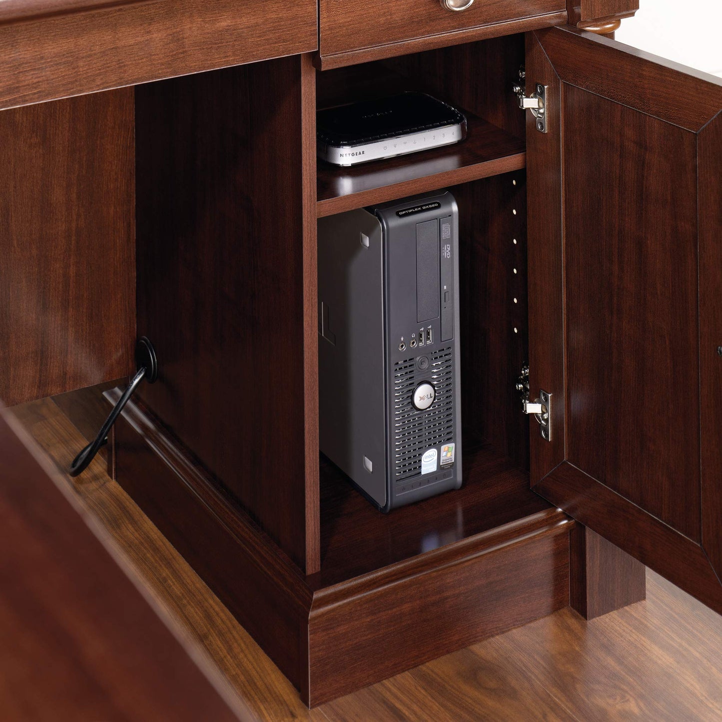Sauder Palladia L Shaped Desk with Drawers, Office Desk with File Cabinet Storage, Cable Management, Keyboard Tray, in Select Cherry finish