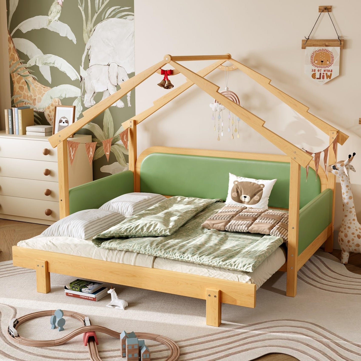 KEIKI Treehouse Extending Twin Size Bed Frames with Cushion Rails & Trundle, Upholstered Montessori Twin Daybed Bed Captain Platform for Kids Girls Boys Teens, No Box Spring Needed, Pine Solid Wood