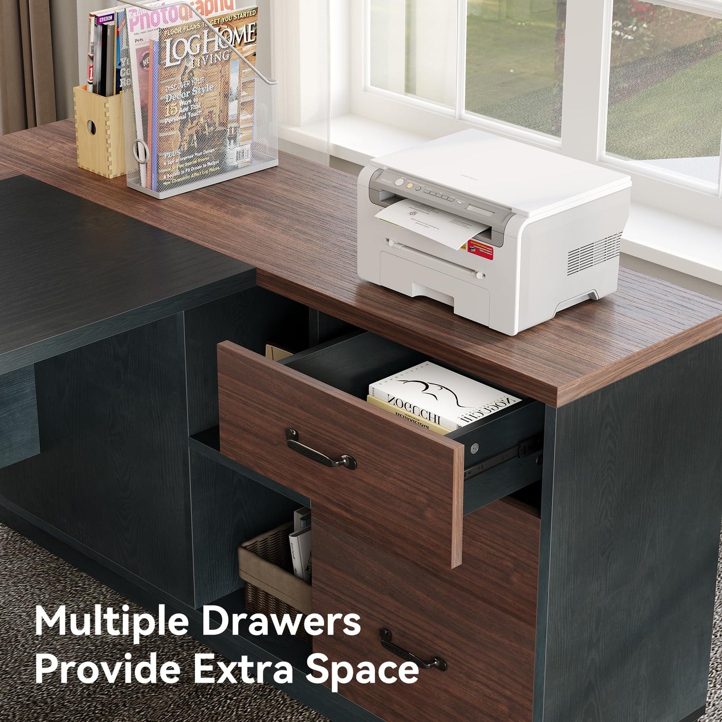 LITTLE TREE 78-Inch Executive Office Desk with File Cabinet, Large Modern Corner Office Desk for Home Office, 3-Drawer Wood File Cabinet, Spacious Workstation for Home Office (Brown & Black)