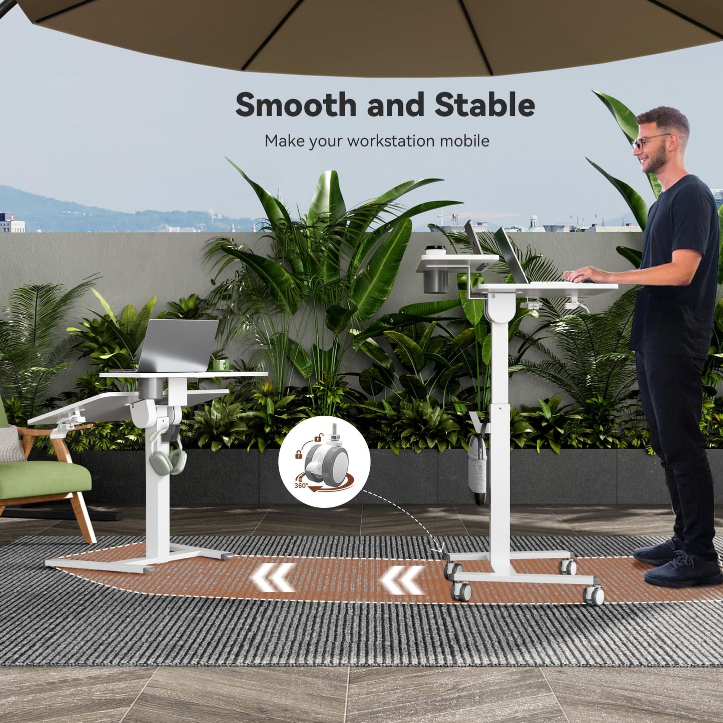 Liftsync 28Inch Mobile Standing Desk On Wheels， Rolling Laptop Stand with Tiltable Desktop， Small Computer Workstation Adjustable Height， 2-Tier Portable Study Table with Storage Shelves， White