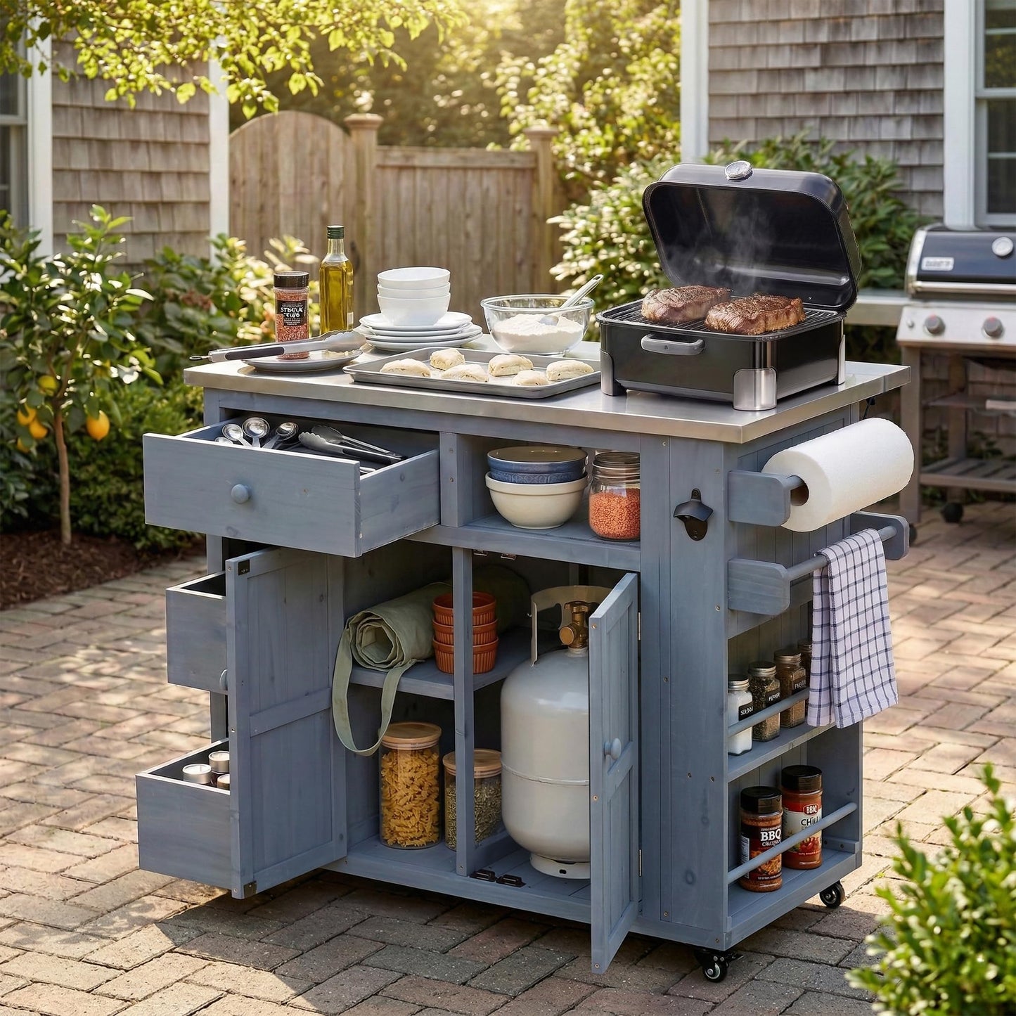 GDFStudio Winford Patio Kitchen Island Cart with Extendable Top, Wooden Outdoor Storage Cabinet with Stainless Steel BBQ Prep Table Top, Drawers, Spice Rack and Lockable Wheels, Potting Bench, Gray