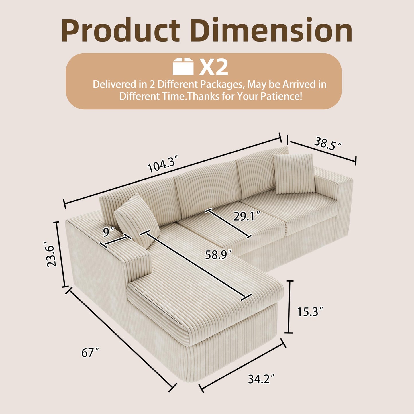 105" Boneless Couches for Living Room, L Shaped Modular Sectional Sofa Couch with Deep Seat, Cloud Foam Couch with Oversized Chaise, Plush Corduroy Sofa No Assembly Needed