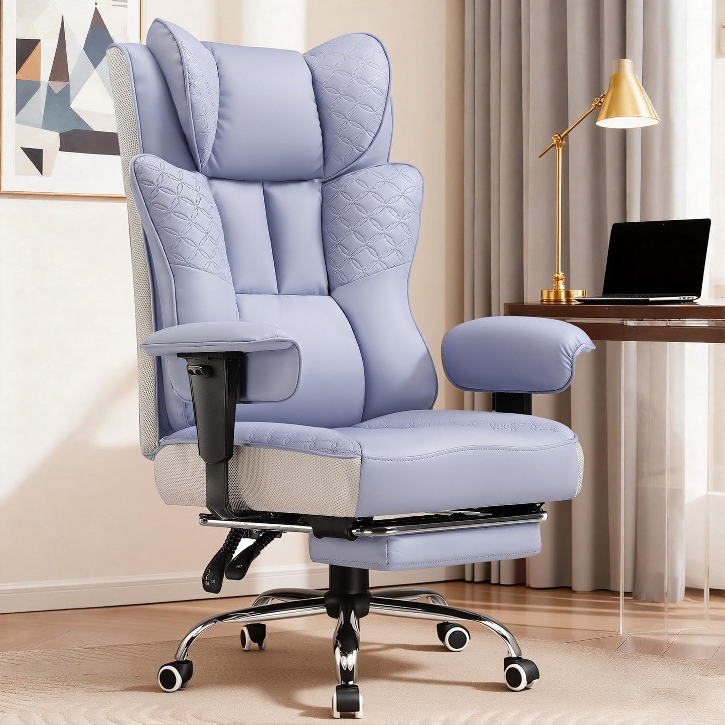 GTPLAYER Big and Tall Office Chair, Wide Ergonomic Gaming Chair with Deluxe Embossing Designed Leather with Foot Rest,150°Reclining Adjustable Soft Armrests Pocket Spring Back Support and Pillow