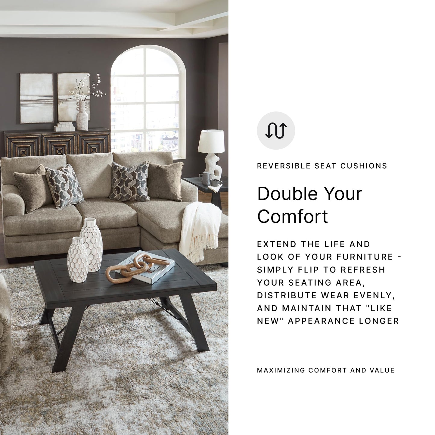 Signature Design by Ashley Stonemeade Casual Right-Arm Facing Sofa Chaise with 4 Toss Pillows, Light Brown