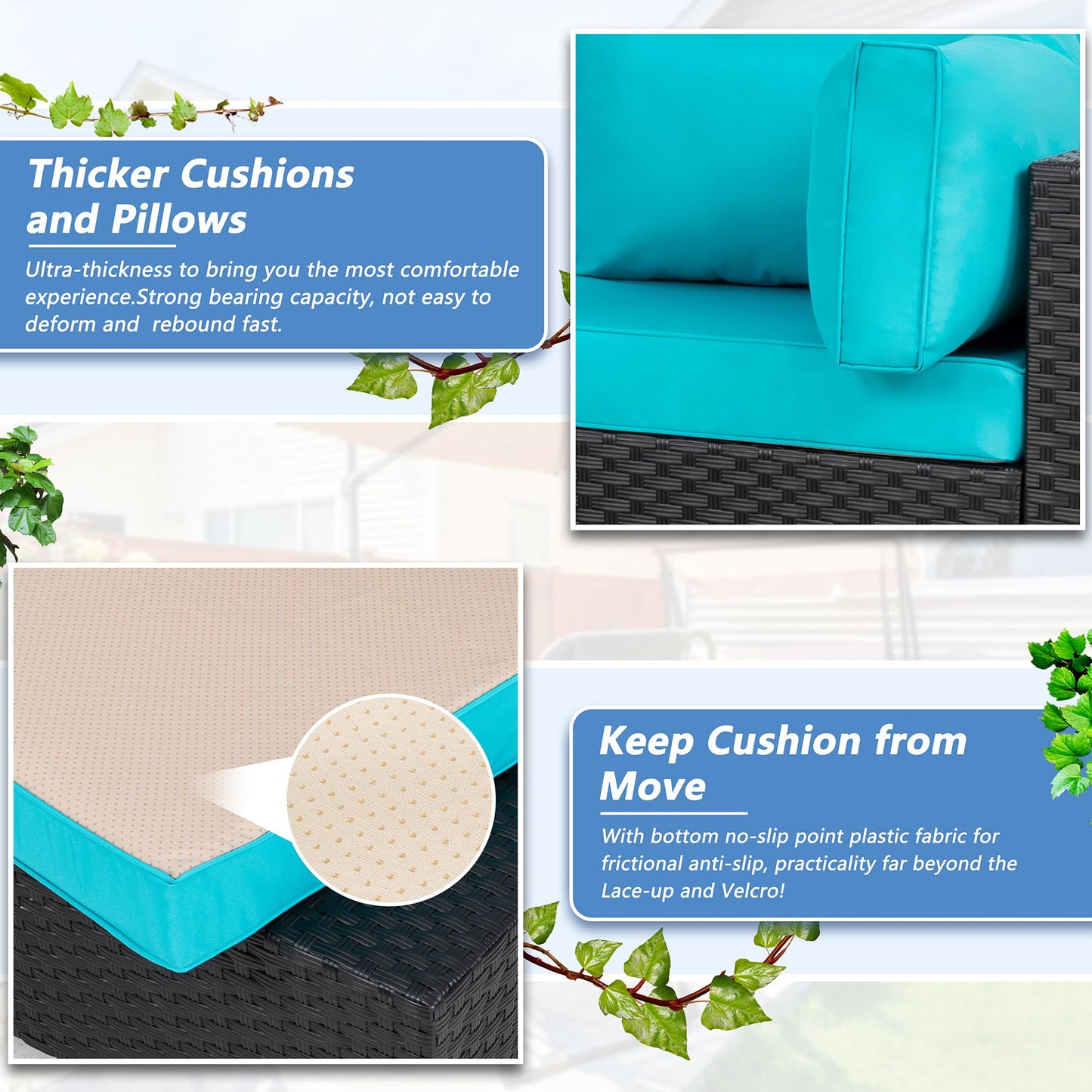 7 Piece Outdoor Patio Furniture Set,Black PE Rattan Wicker Sectional Sofa, All Weather Conversation Set with Washable Cushions & Glass Coffee Table for Backyard Poolside Garden Porch,Blue