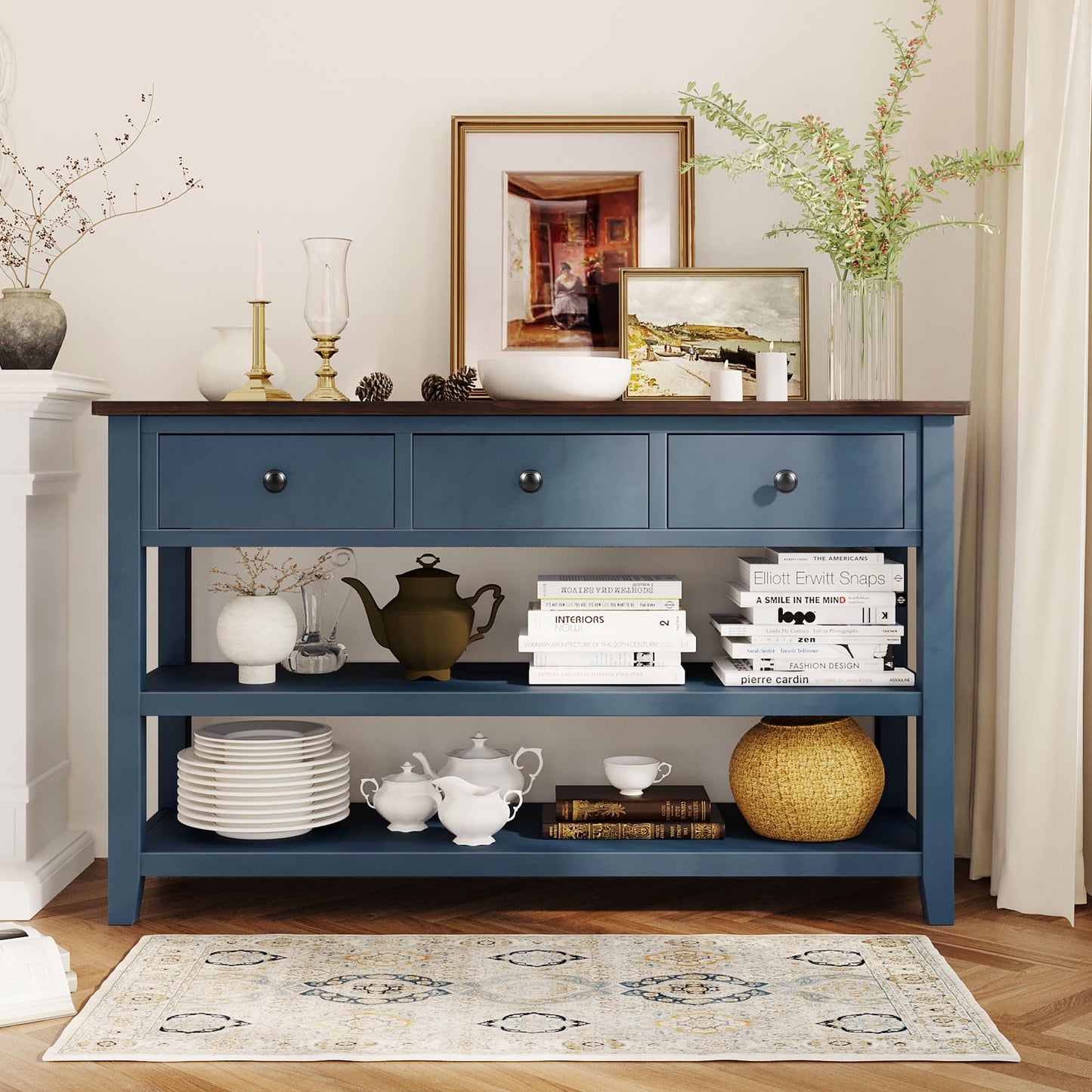 Merax Navy Retro Pine Wood Console Table with Drawers and Two Open Shelves for Entryway Hallway Living Room Bedroom, Type 11