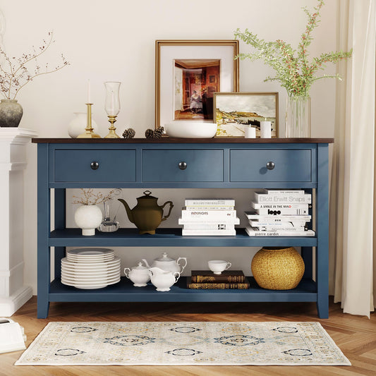 Merax Navy Retro Pine Wood Console Table with Drawers and Two Open Shelves for Entryway Hallway Living Room Bedroom, Type 11