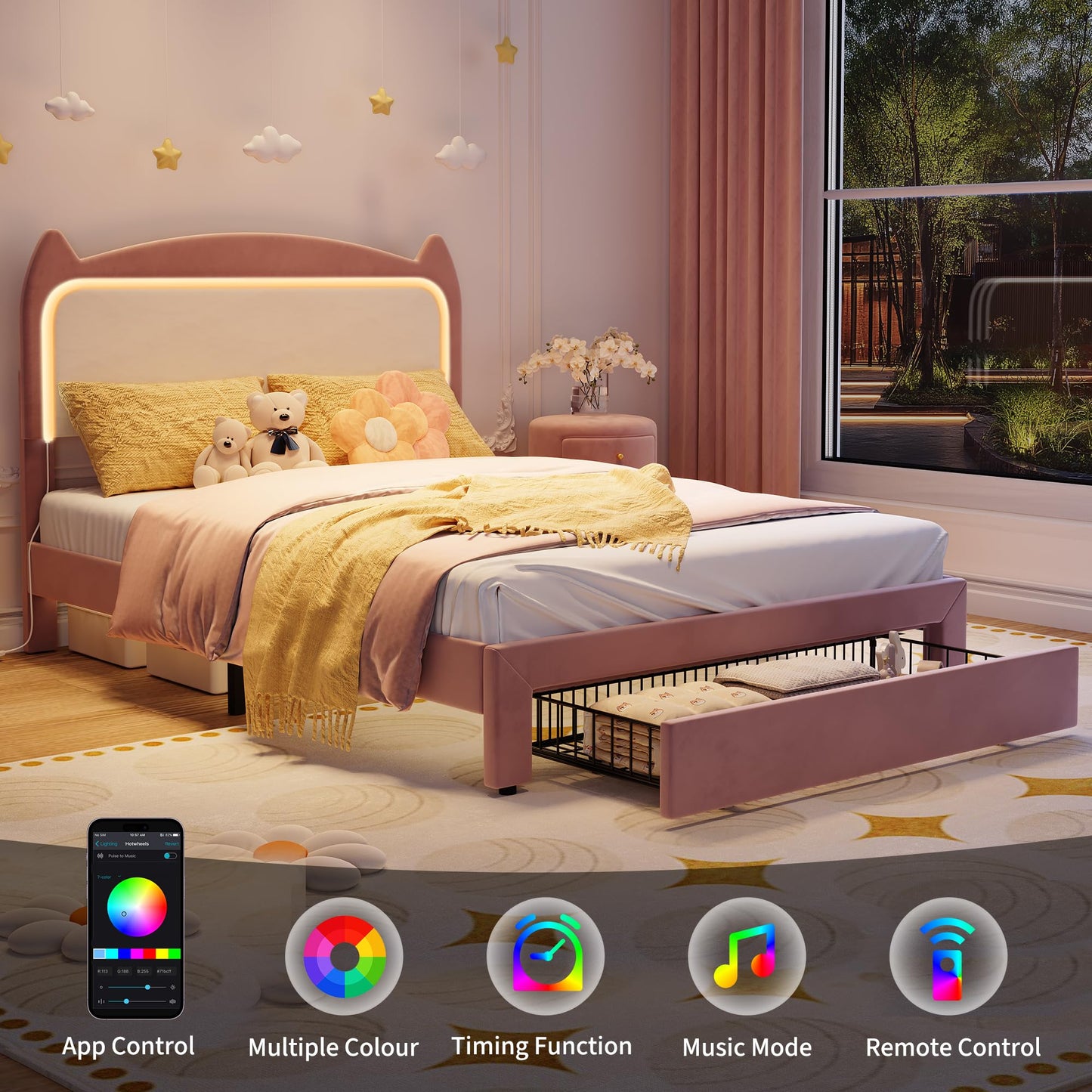 Full Size Princess Bed Frame with LED Lights & Storage Drawer - Pink Velvet Upholstered Cat Headboard Platform Bed for Kid- Sturdy Wood Slats, No Box Spring Needed, App & Remote Control,Pink & White