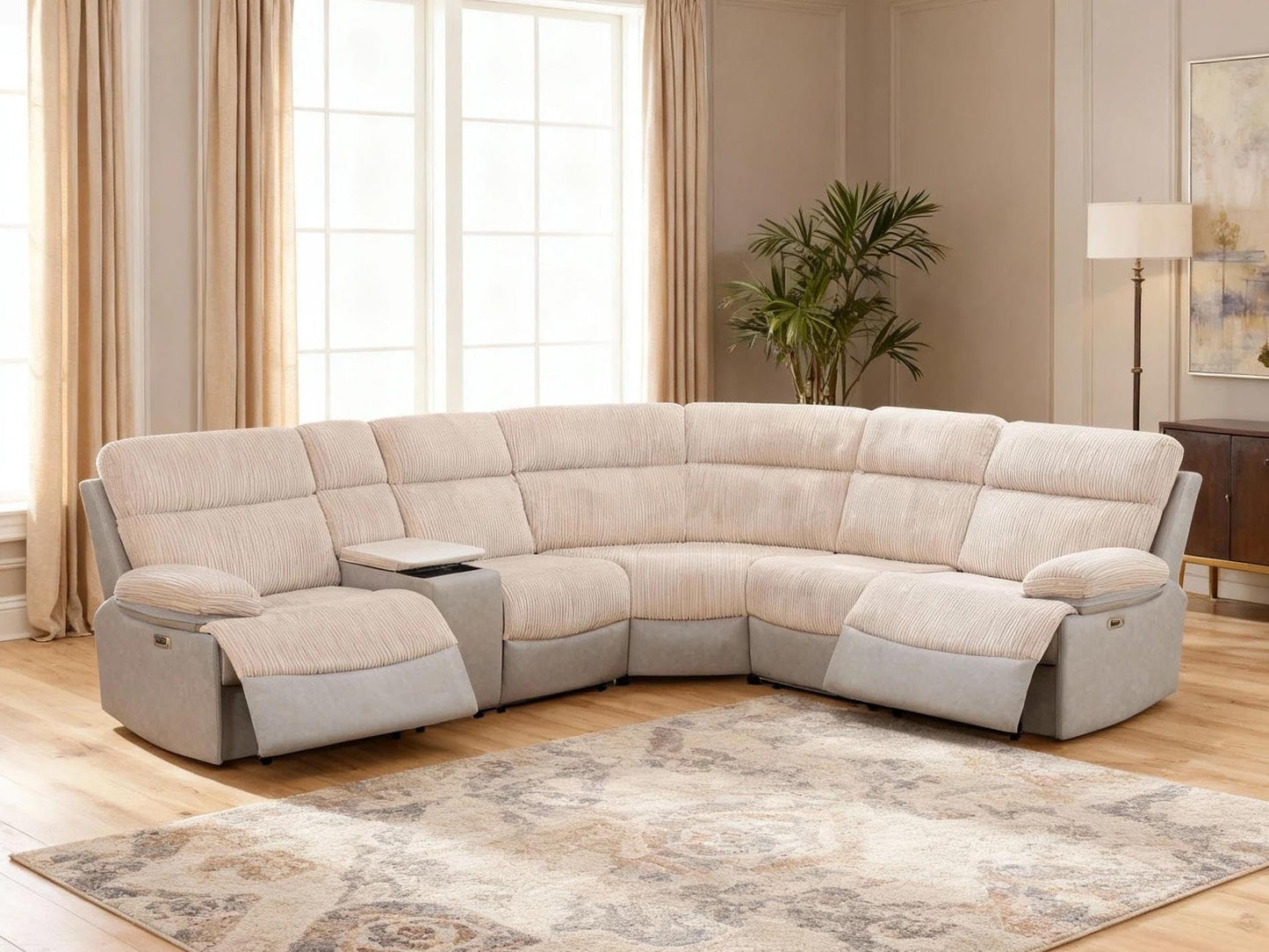 Trygoal Power Reclining Sectional Sofa Set, L-Shaped Sectional Couch for Living Room, Home Theater Seating with Wireless Charging Panel, Intelligent Recliner Sofa with LED Lights, Off-White & Gray